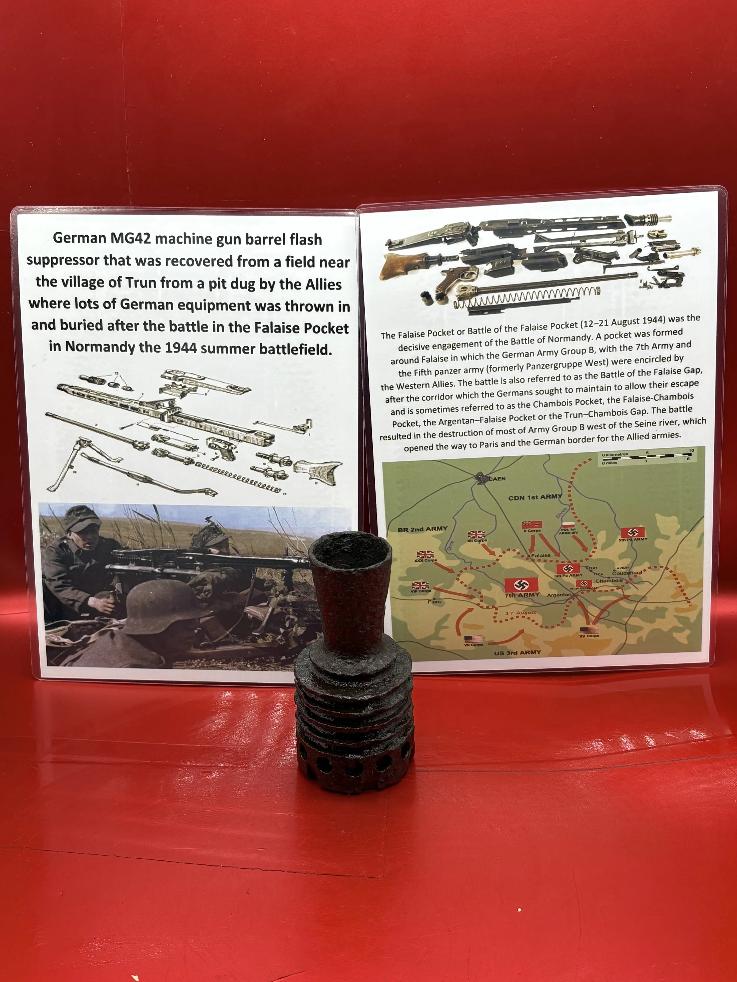 Very rare German MG 42 machine gun barrel flash suppressor semi-relic condition recovered from a field near Trun in the Falaise pocket in Normandy 1944 battlefield.