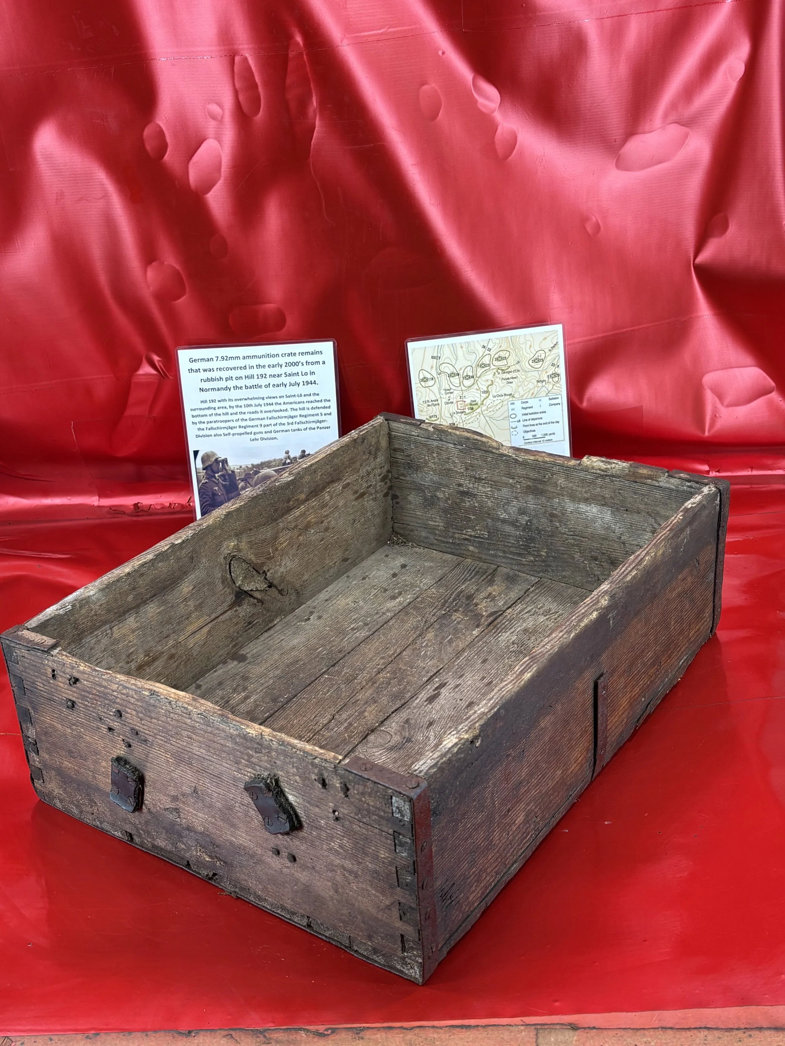 German wooden 7.92mm ammunition crate remains that was recovered in the early 2000’s from a rubbish pit on Hill 192 near Saint Lo in Normandy the battle of early July 1944.