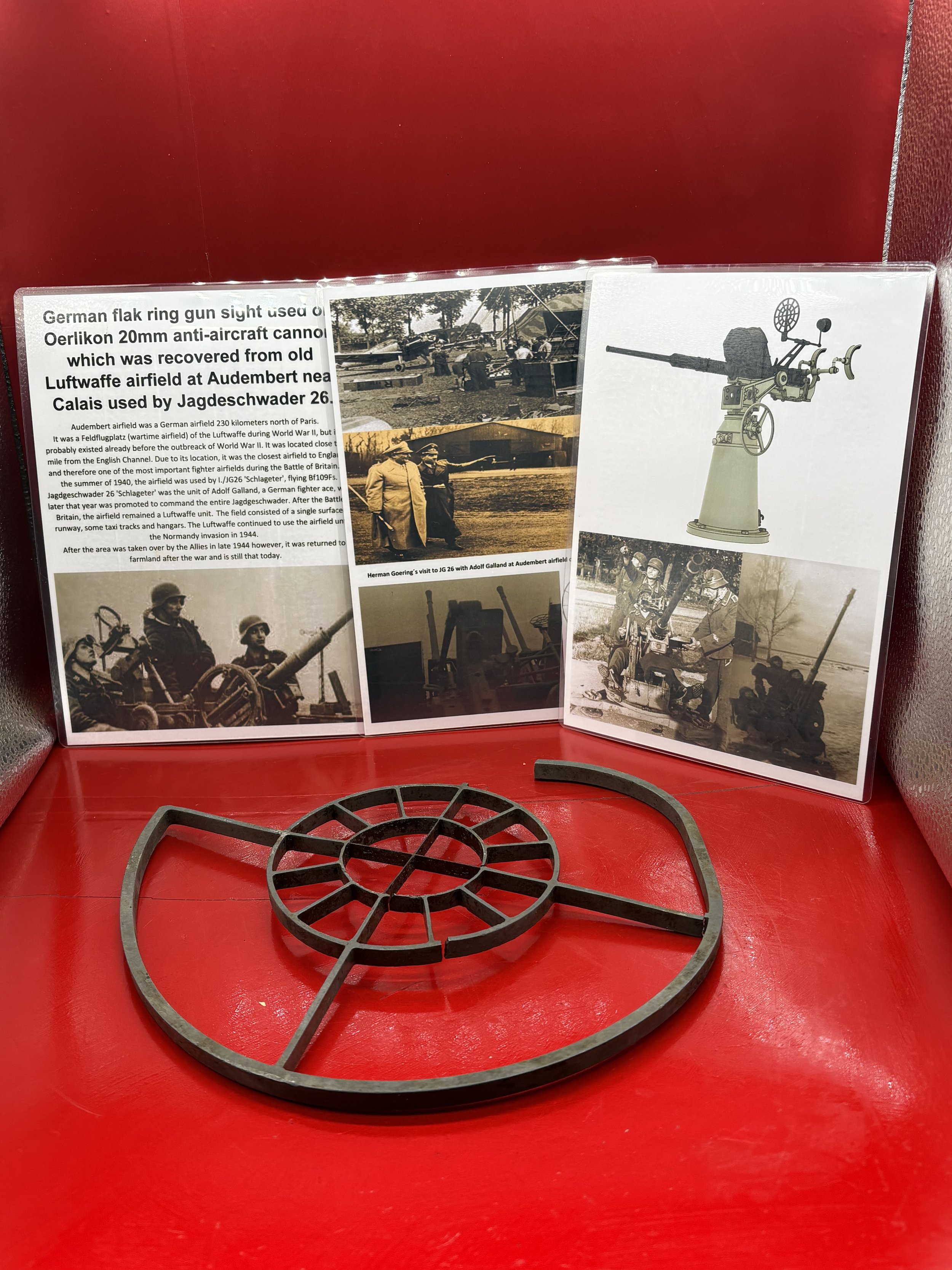 Very rare German flak ring gun sight used on Oerlikon 20mm anti-aircraft cannon which was recovered from old Luftwaffe airfield at Audembert near Calais, Jagdeschwader 26.