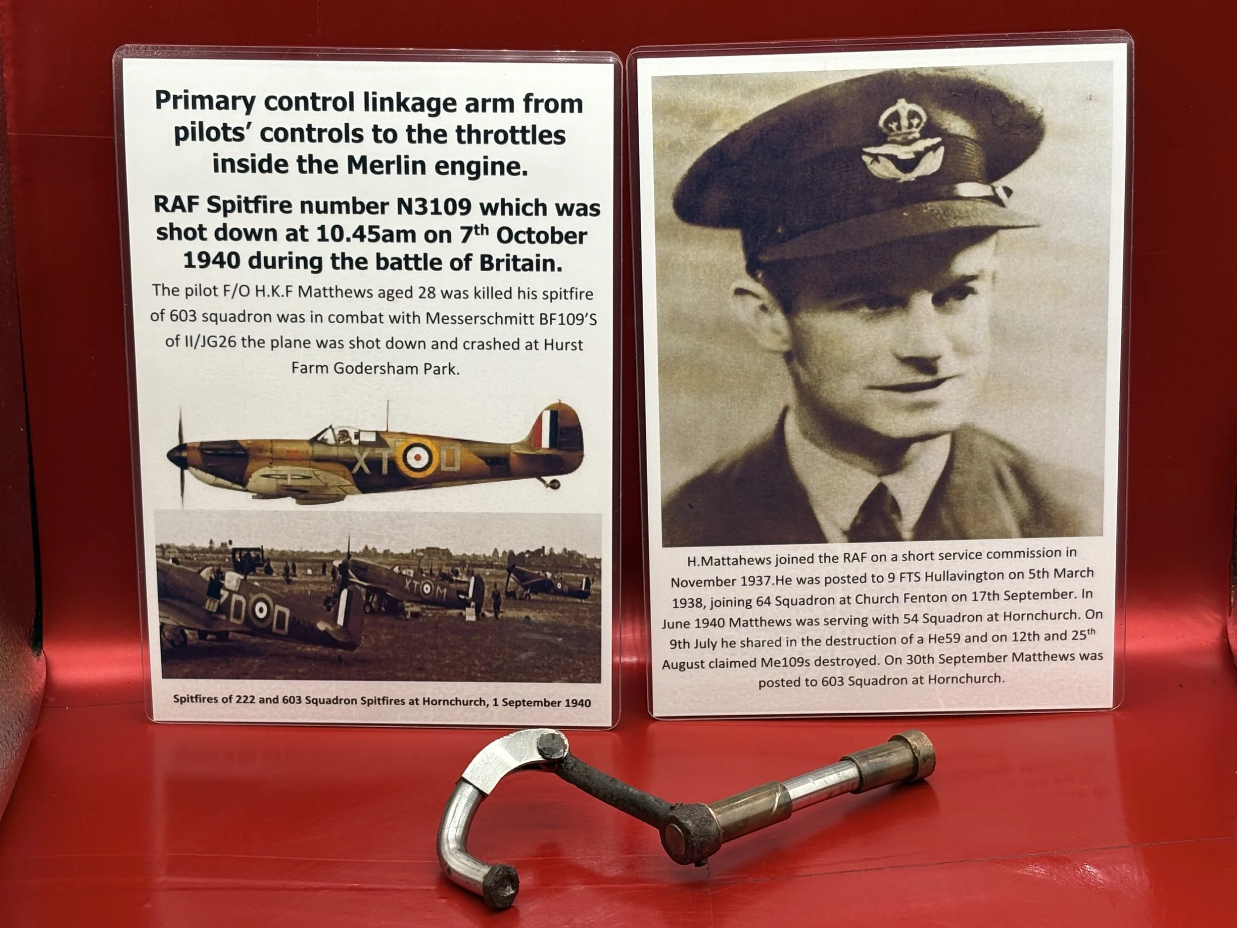 Primary control linkage arm from pilots controls to the throttles lovely condition + marking from RAF Spitfire number N3109,shot down on 7th October 1940 during the battle of Britain.