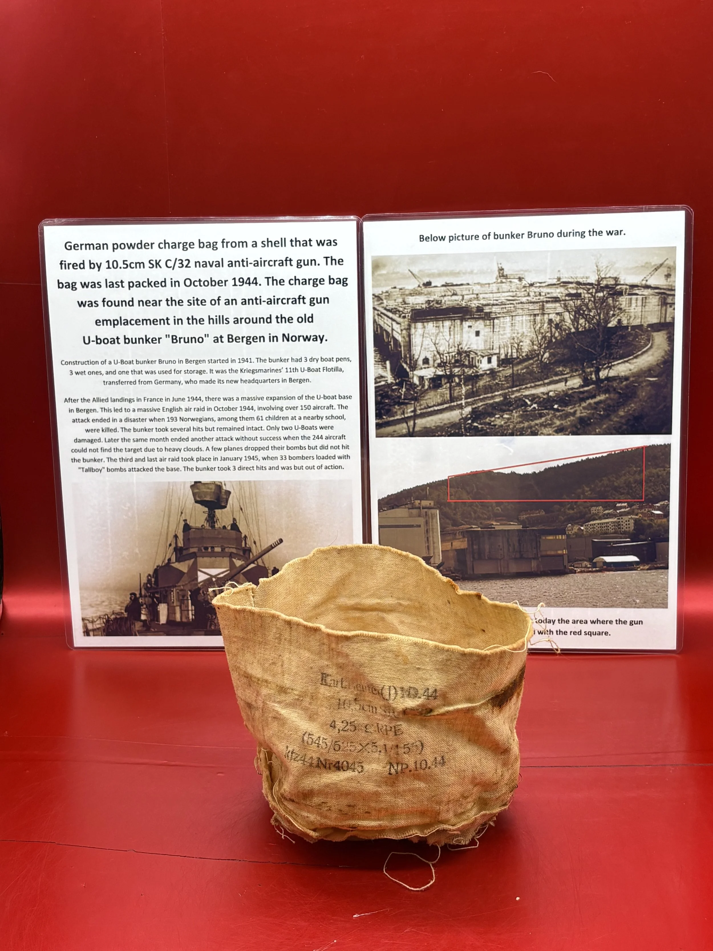 German powder charge bag from a shell for 10.5cm SK C/32 naval anti-aircraft gun,last packed in October 1944, found on the site of an old anti-aircraft gun pit near U-boat bunker Bruno, Bergen,Norway