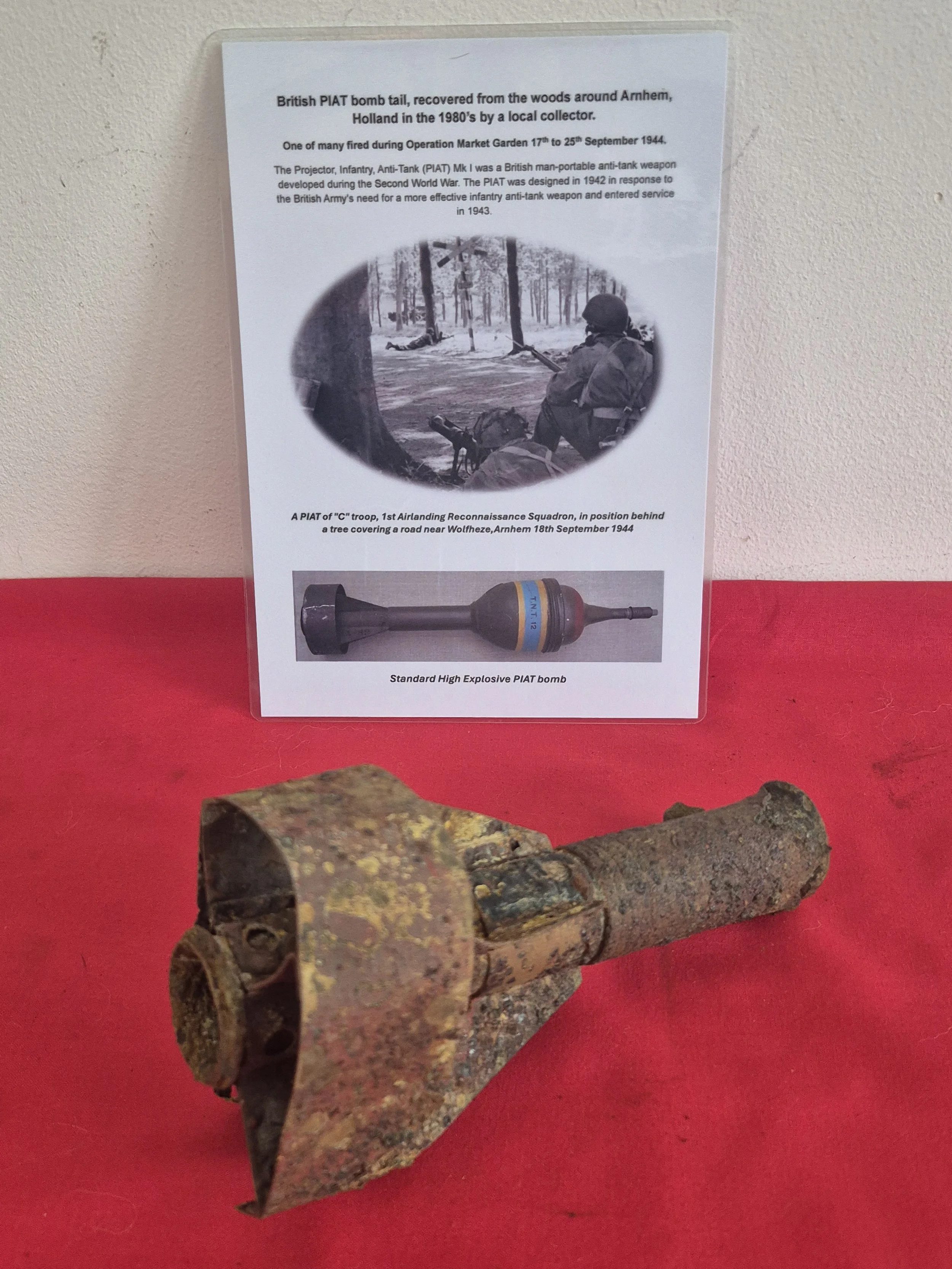 British PIAT bomb tail, recovered from the woods around Arnhem, Holland in the 1980's by a local collector. One of many fired during operation Market Garden 17th to 25th September 1944.