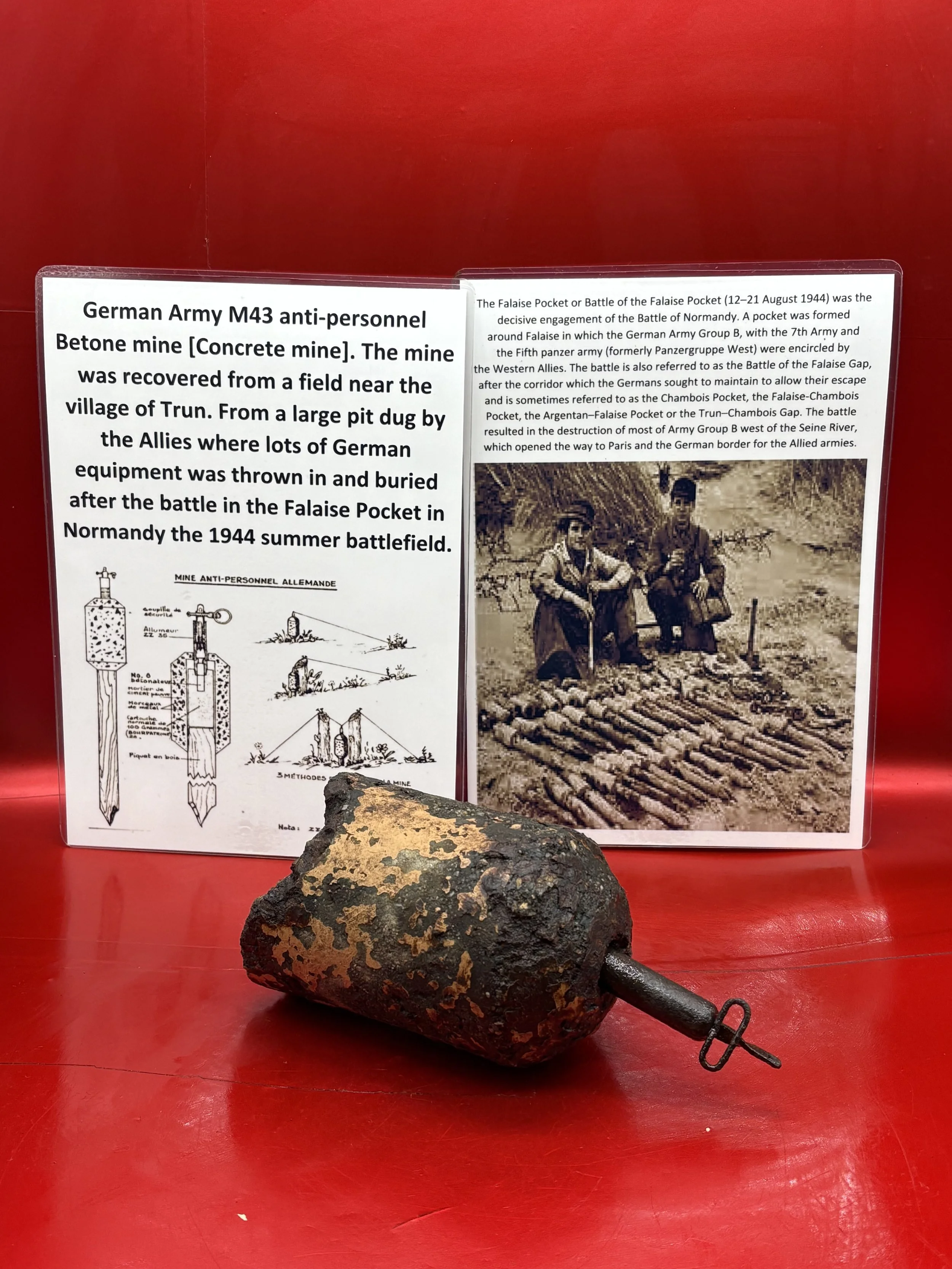 Rare German Army M43 anti-personnel betone mine[concrete mine] that was recovered from a field near Trun in the Falaise Pocket in Normandy 1944