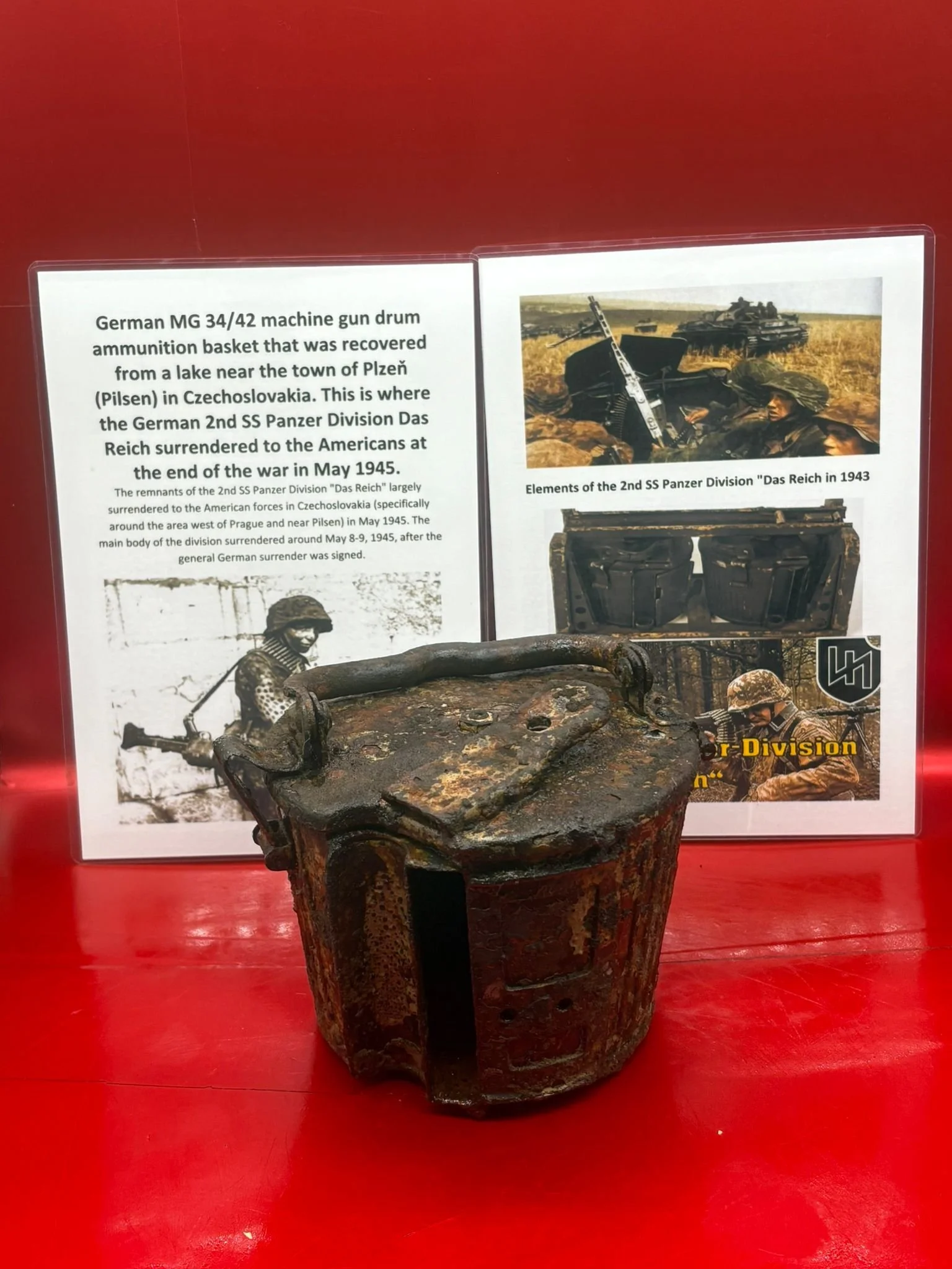Fantastic relic German MG 34/42 machine gun drum ammunition basket with snow camouflage, recovered from lake near Plzeň in Czechoslovakia where the 2nd SS Panzer Division Das Reich surrendered in 1945