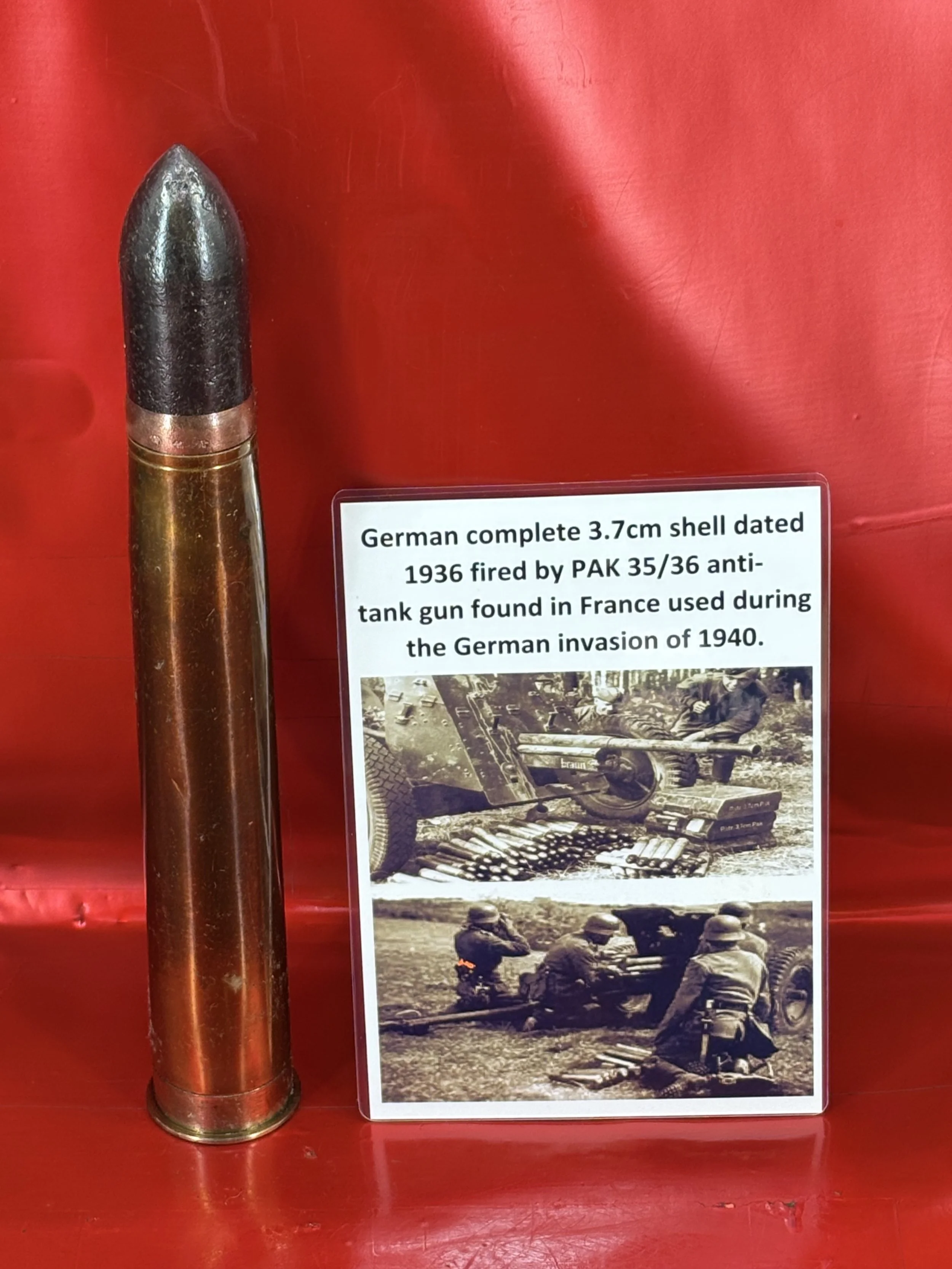 Fantastic condition with all markings, German complete 3.7cm shell dated 1936 fired by PAK 35/36 anti-tank gun found in France used during the German invasion of 1940