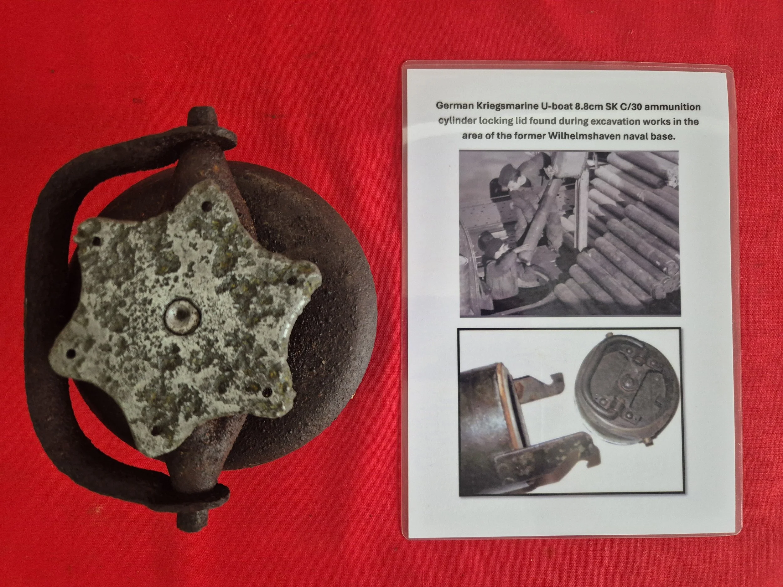German Kriegsmarine U-boat 8.8cm SK C/30 ammunition cylinder locking lid found during excavation works in the area of the former Wilhelmshaven naval base.