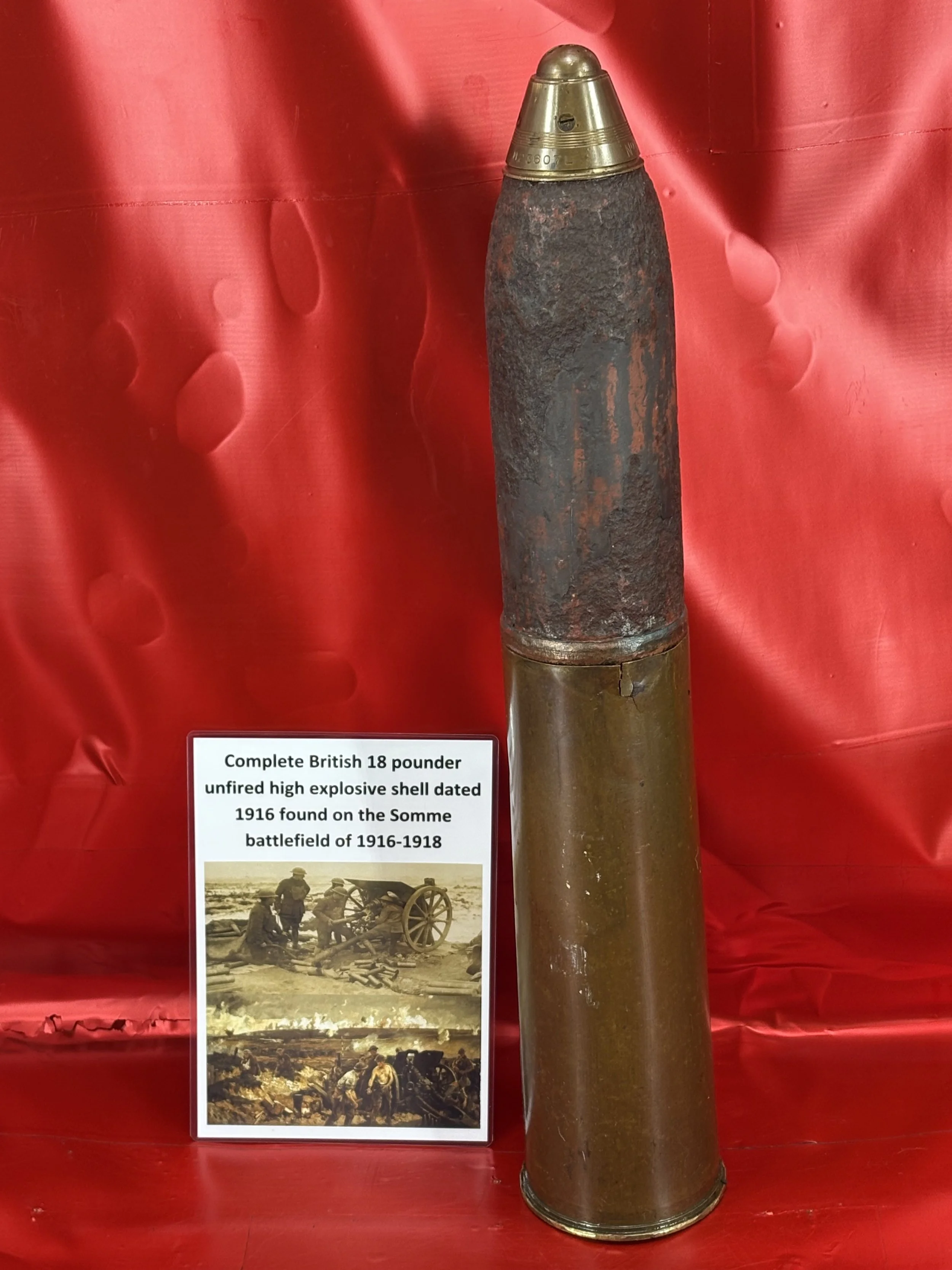 Very rare to find complete unfired British 18 pounder high explosive shell dated which is dated March 1916 on fuse and 1916 on case found on The Somme battlefield of 1916-1918