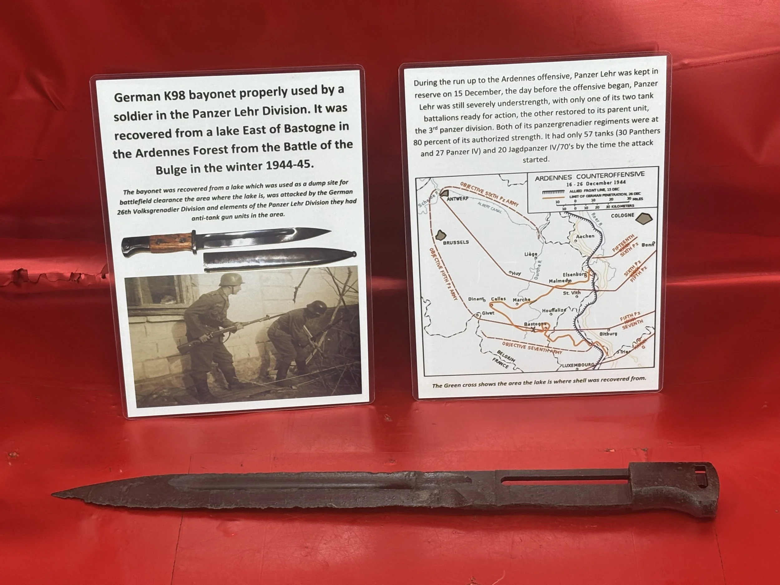 German soldiers K98 bayonet,lovely original colours and maker marking stamped 5 meaning 1937-1940 manufactured, recovered from a lake East of Bastogne in the Ardennes Forest 1944-1945