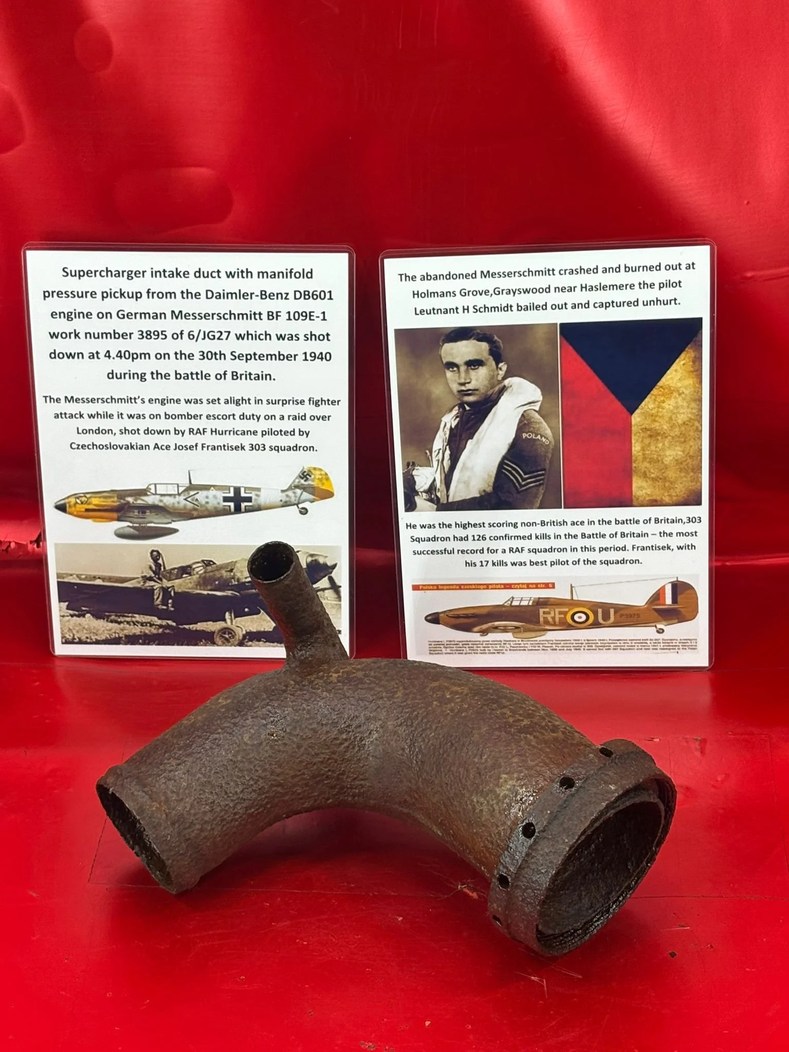 Supercharger intake duct with manifold pressure pickup from Daimler-Benz engine on German Messerschmitt BF 109E-1 work number 3895-6/JG27, shot down, 30th September 1940 during the battle of Britain