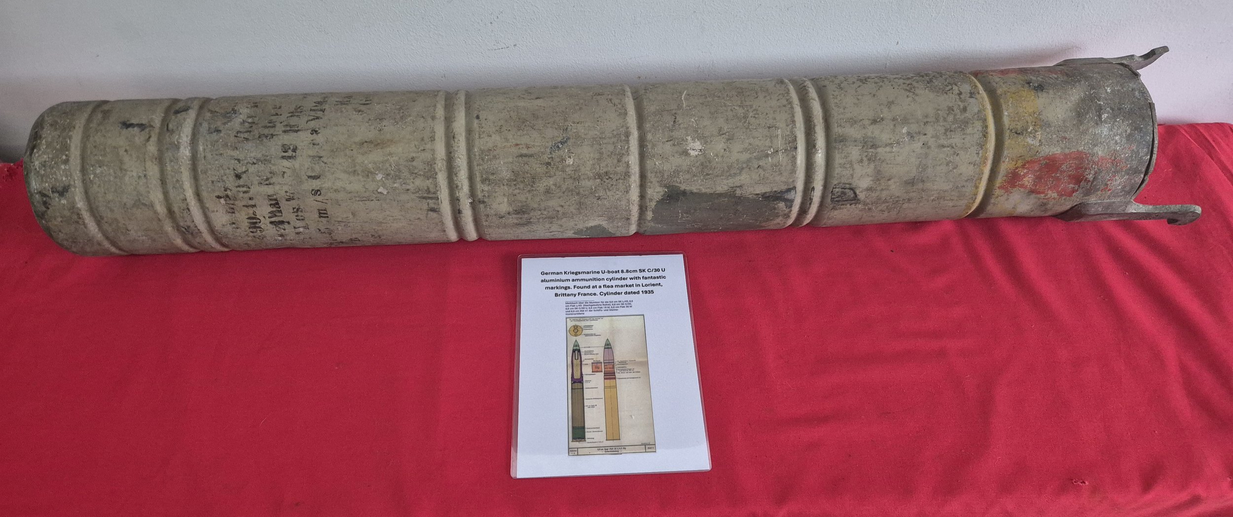 German Kriegsmarine U-boat 8.8cm SK C/30 aluminium ammunition cylinder with fantastic markings. Found at a Flea market in Lorient, Brittany France.