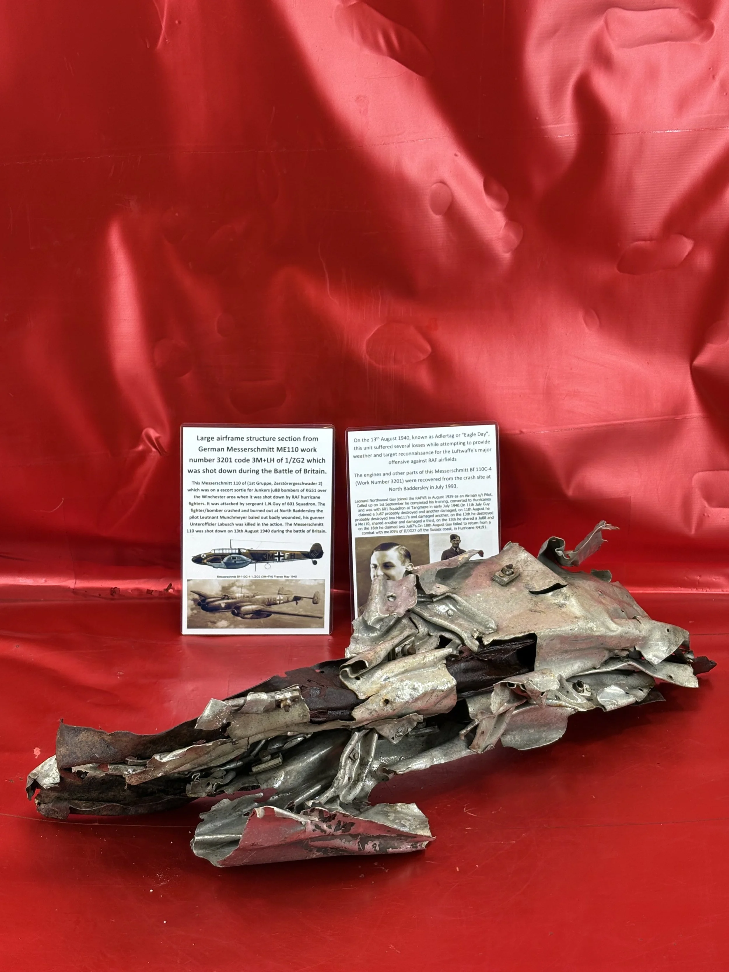 Massive airframe structure section lovely colours from German Messerschmitt ME110 work number 3201 code 3M+LH of 1/ZG2 which was shot down 13th August 1940 during the Battle of Britain.