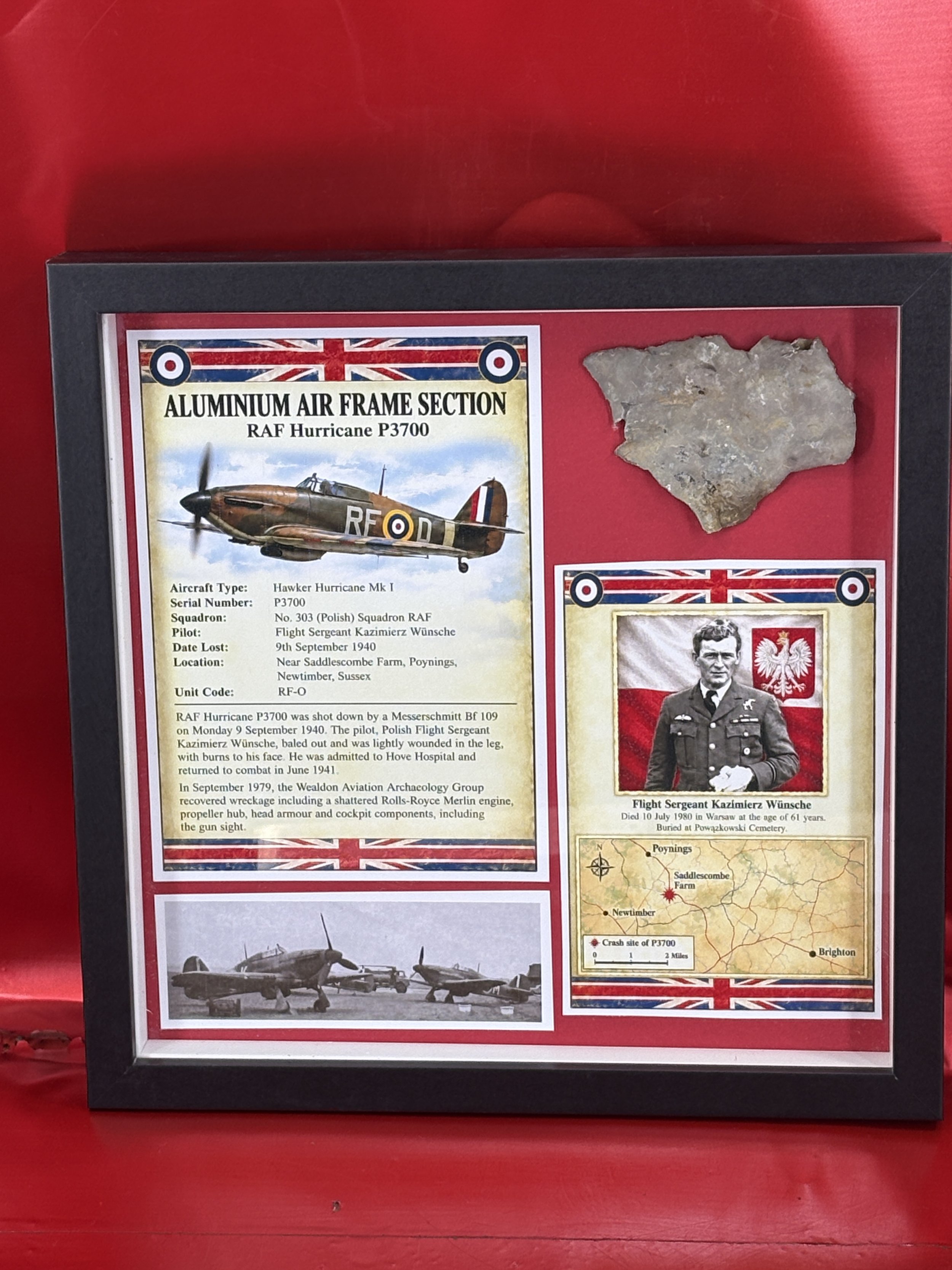 Glass framed airframe section from RAF Hurricane number P3700,shot down on 9th September 1940, the pilot Polish Flight Sargent Wunsche, crashed Newtimber, Sussex.