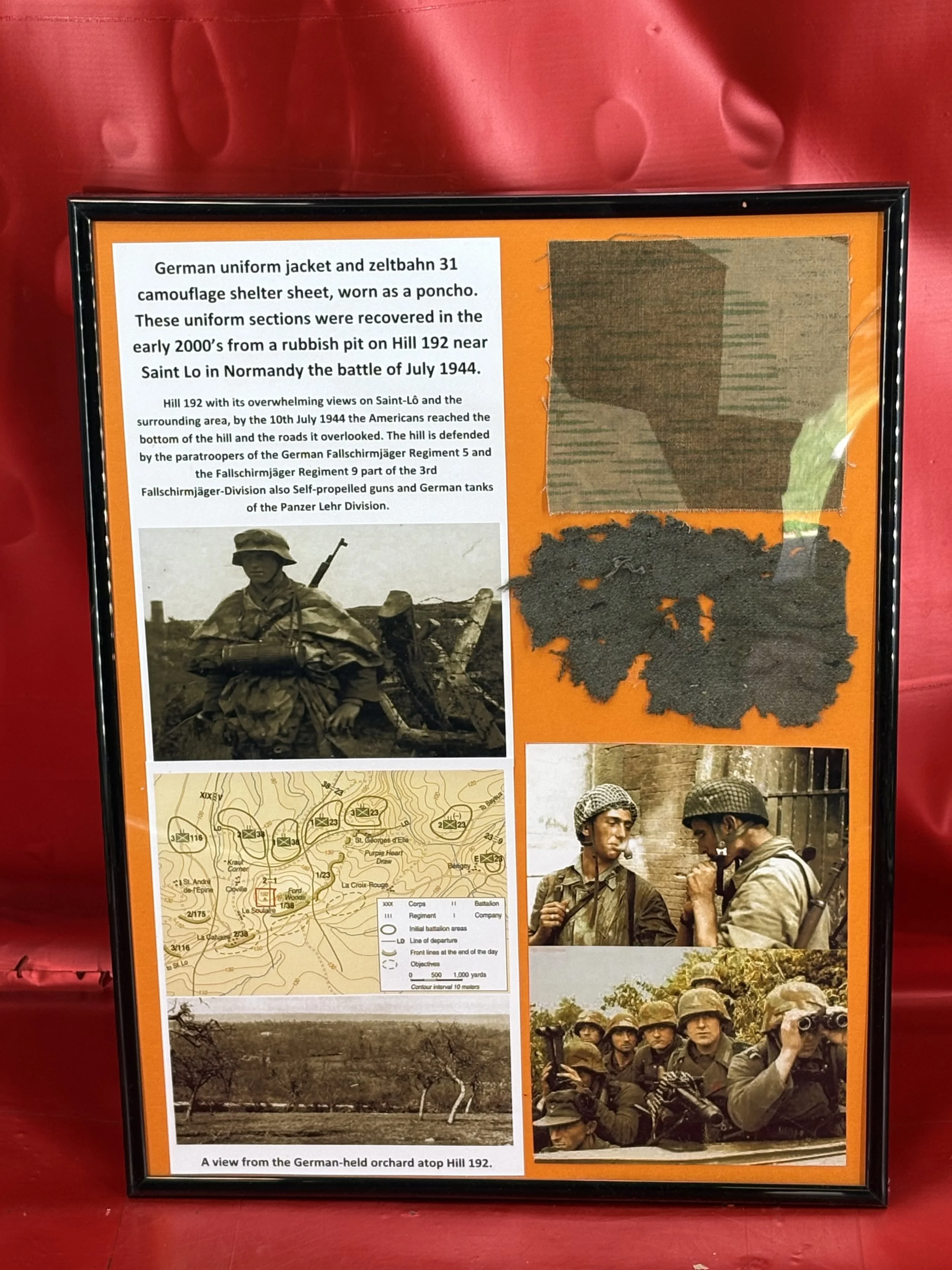 Large perspex frame German uniform,zeltbahn 31 poncho sections both recovered in the early 2000’s from a rubbish pit on Hill 192 near Saint Lo in Normandy the battle of early July 1944.