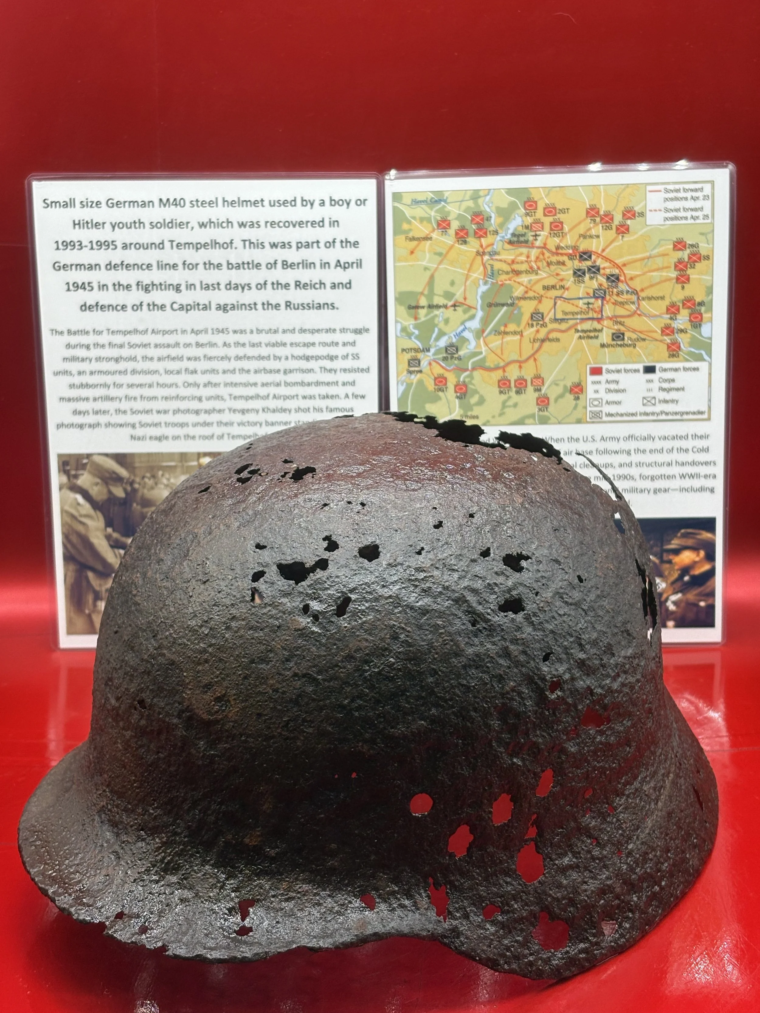 Rare to find small size solid relic German M40 steel helmet used by a boy or Hitler youth soldier,recovered in 1993-1995 around Tempelhof airport from the Battle of Berlin,April 1945