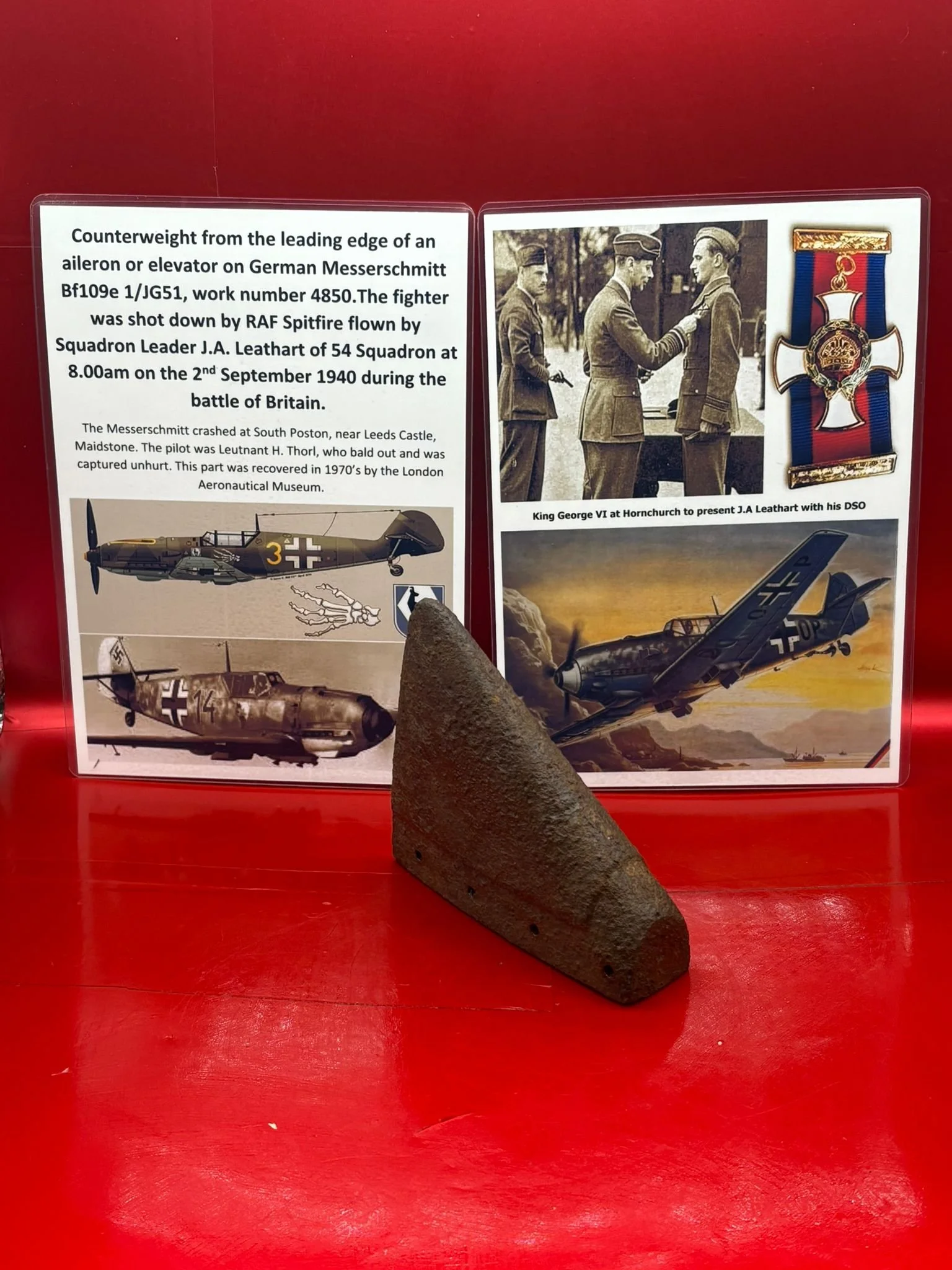 Rare counterweight from the leading edge of an aileron or elevator German Messerschmitt Bf109e 1/JG51, work number 4850, shot down by RAF Spitfire on 2nd September 1940,crashed Leeds castle in Kent