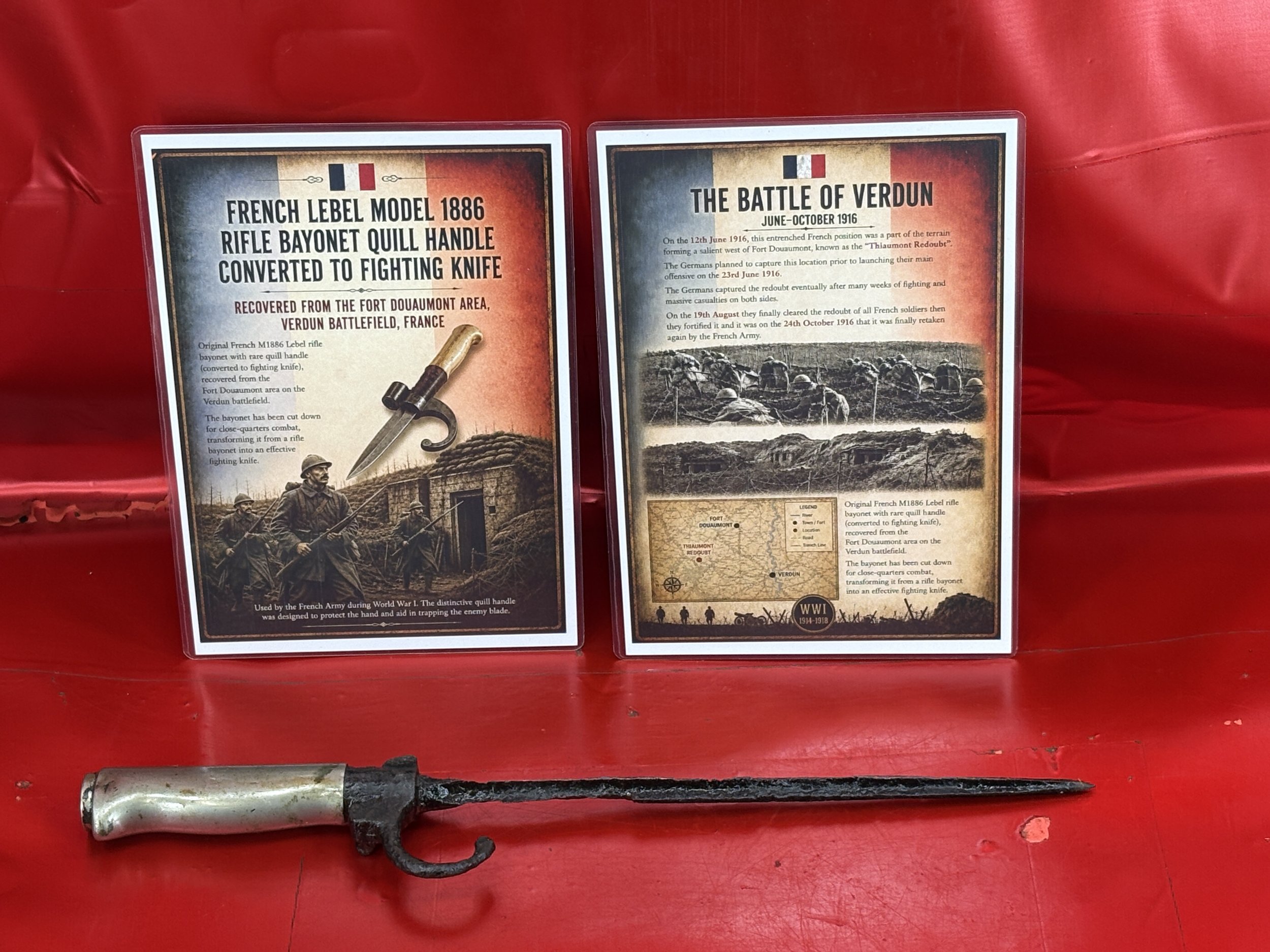 Lovely relic very rare cut down fighting knife a French Lebel quill handle model 1886 rifle bayonet that was recovered from the fort Douaumont area on the 1914- 1918 battlefield in Verdun.
