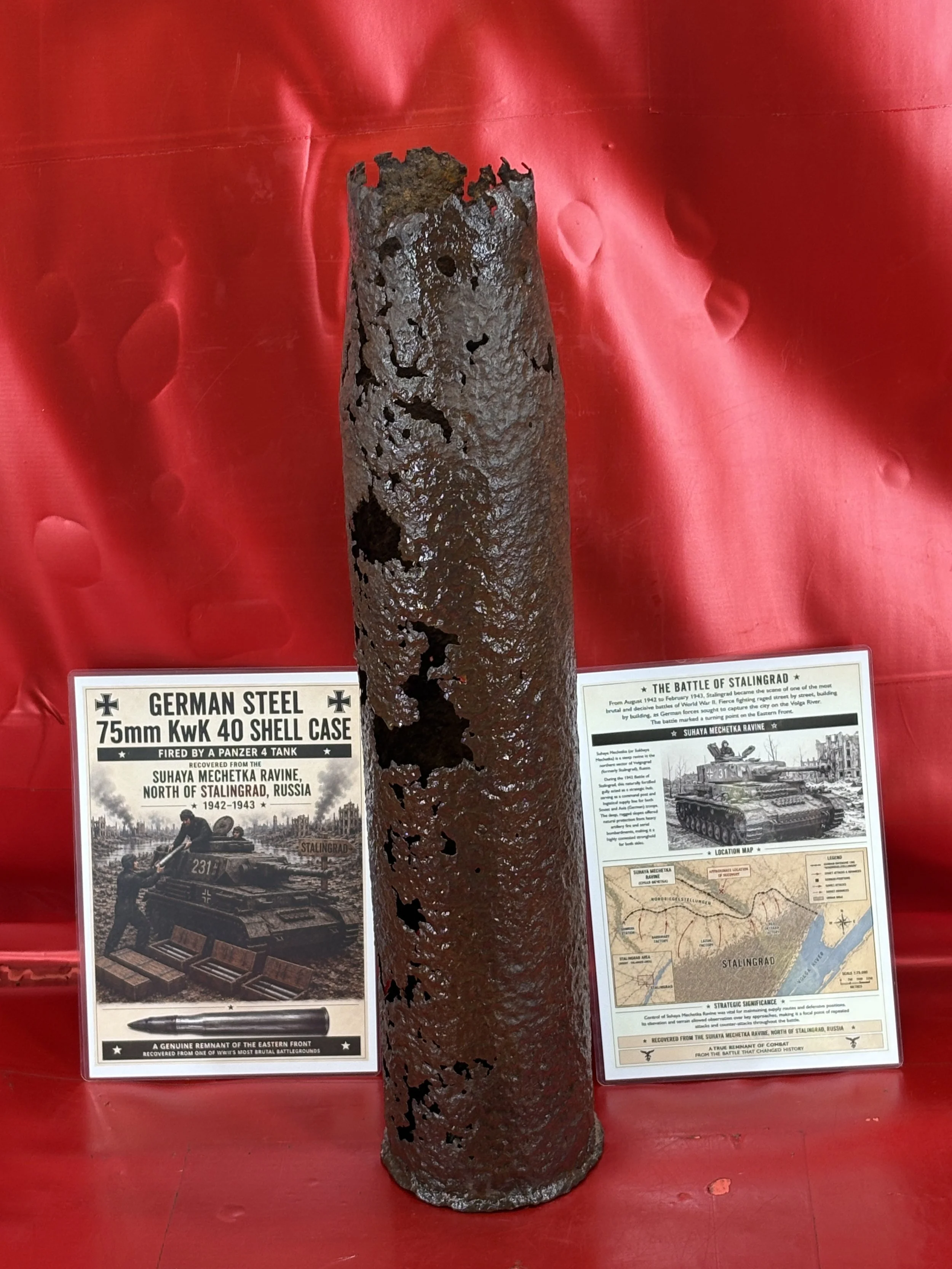 German steel made 75mm KwK40 shell case fired by Panzer 4 Tank, recovered from Suhaya Mechetka Ravine in Stalingrad ,heavily fought over during battle in Russian City 1942-43