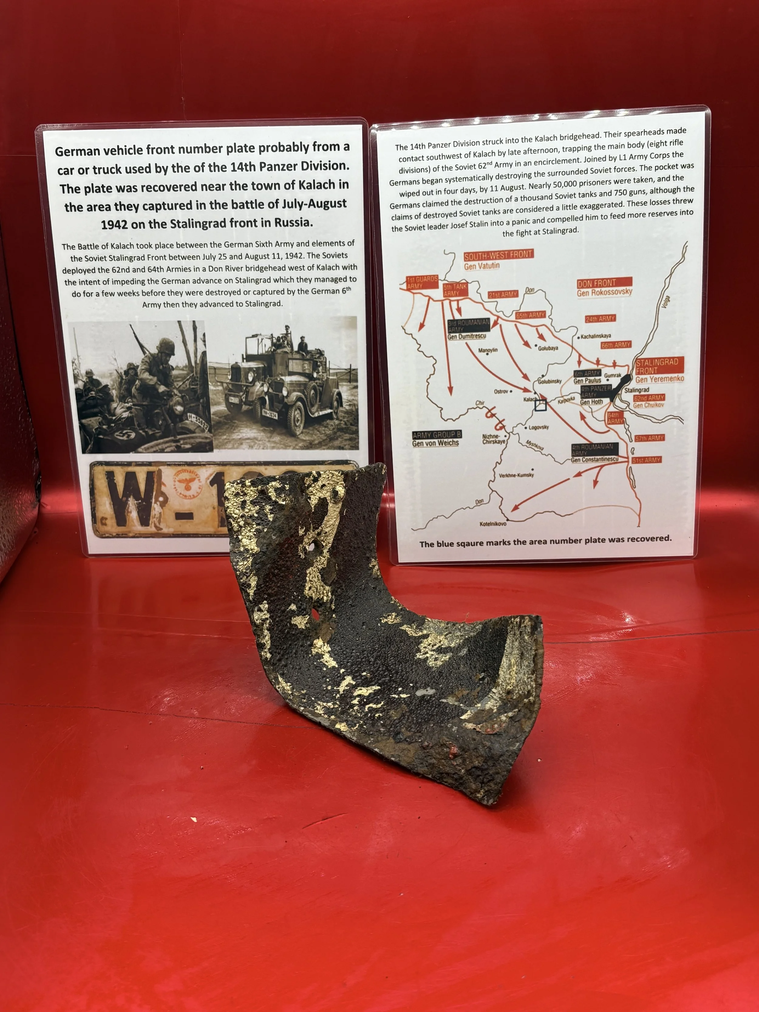 German vehicle number plate remains with paintwork from car or truck in the 14th Panzer Division, recovered near the town of Kalach on the Stalingrad front 1942 in Russia.