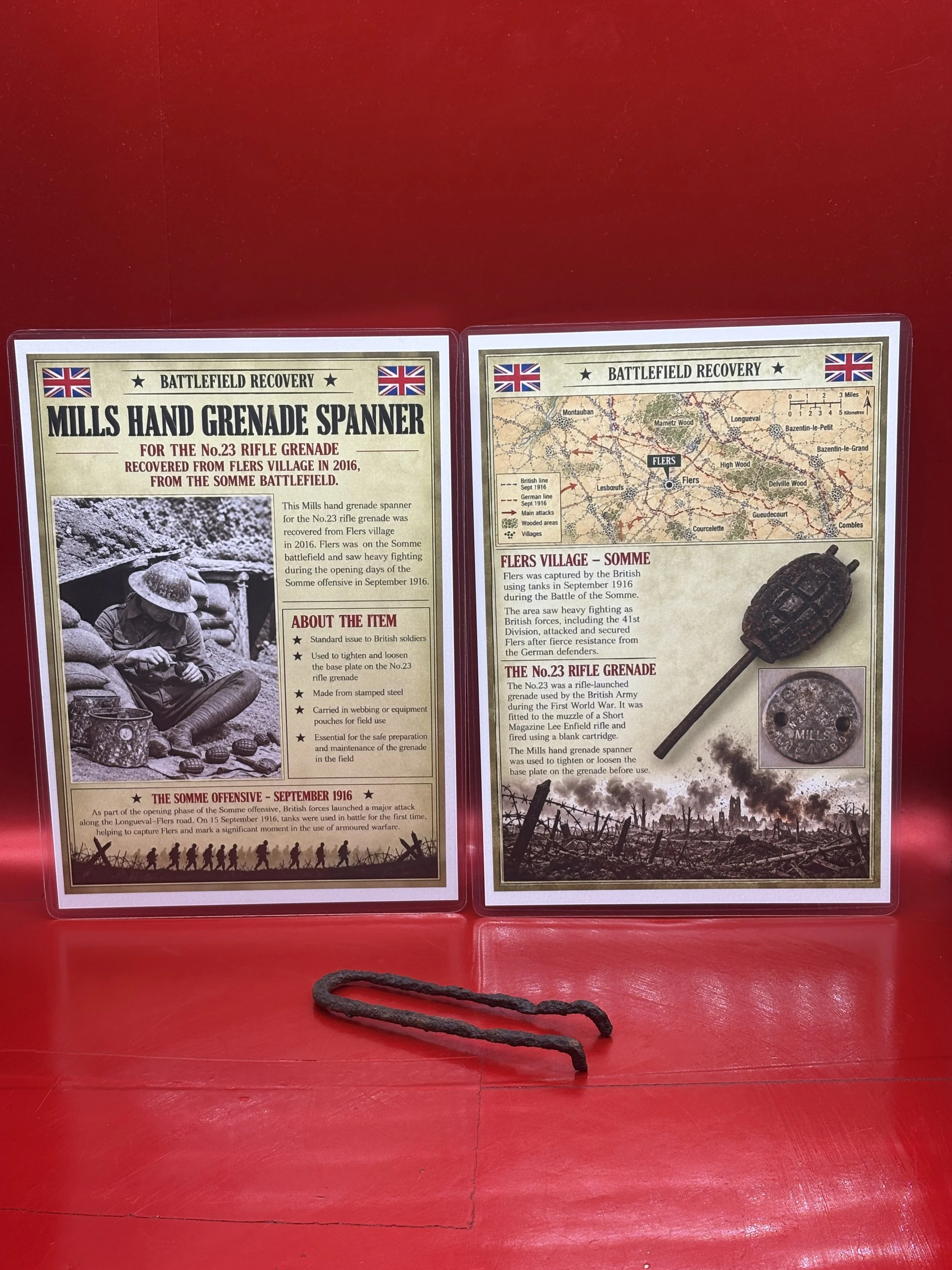 British No23 rifle grenade mills bomb base plate spanner solid relic condition recovered in 2016 in woods near the village of Flers on the Somme battlefield September 1916