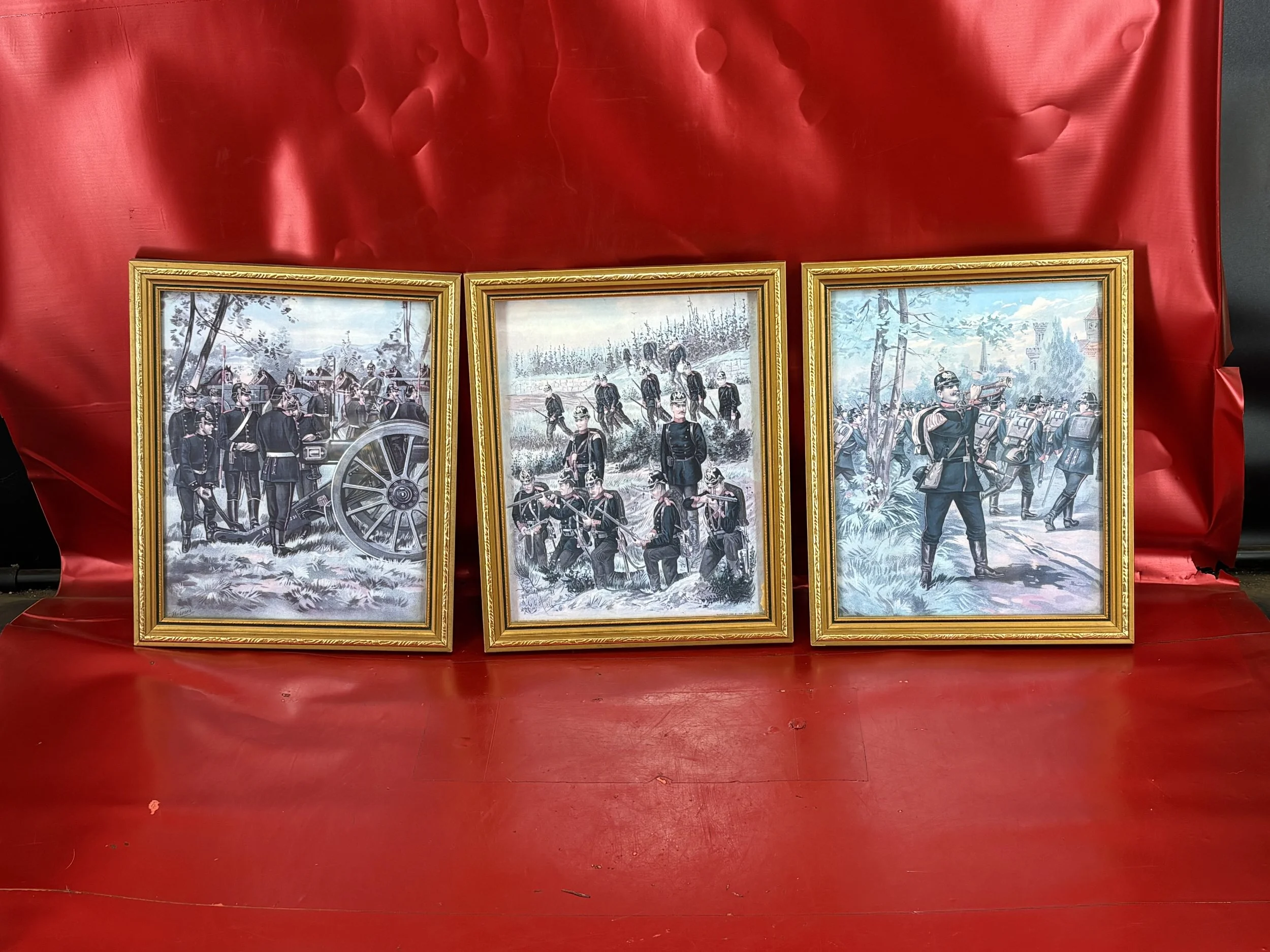 Rare Matching Set of Three Antique Imperial German Military Regiment Prints by G. Arnold – Werner Company – Framed