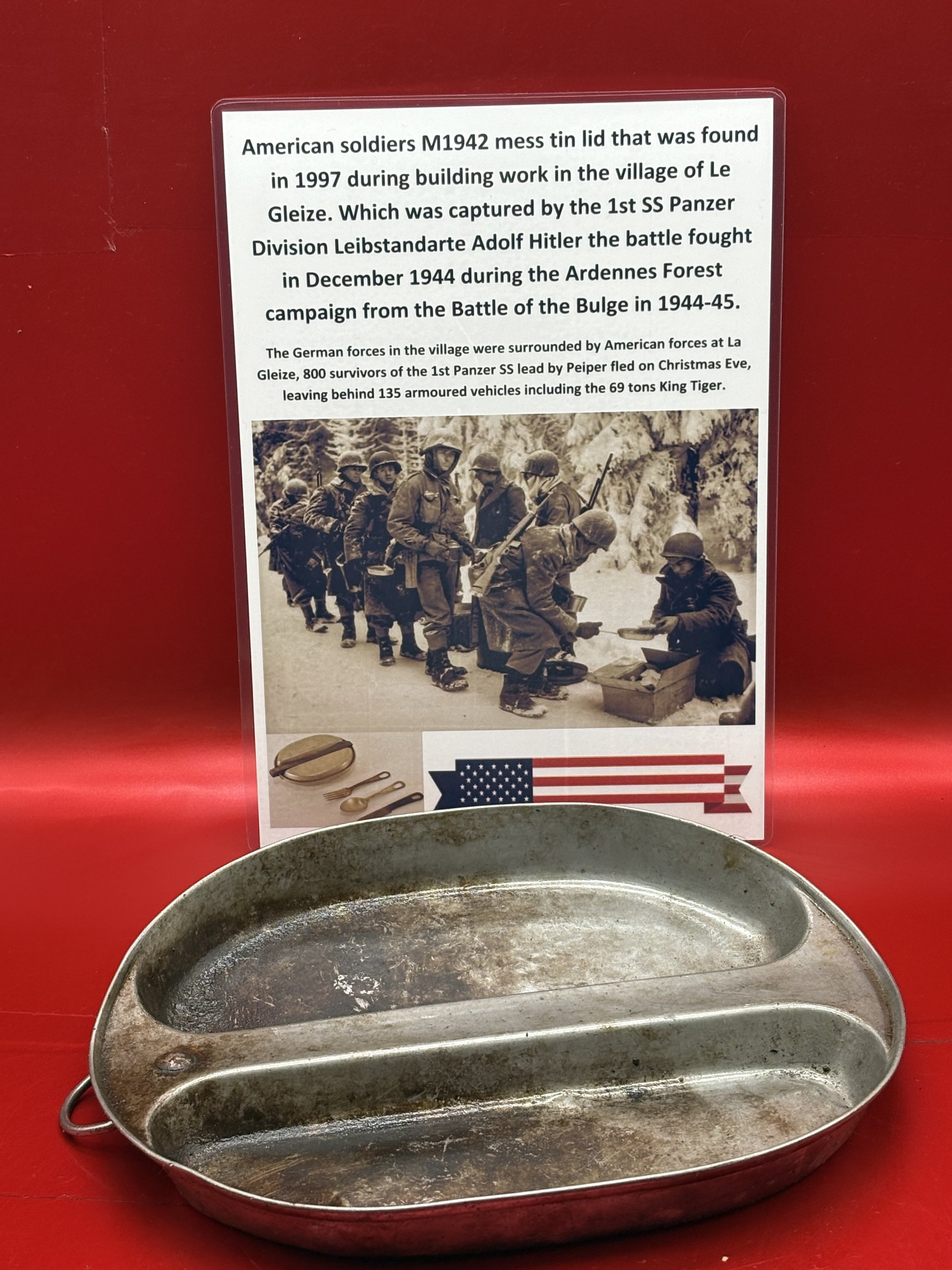 American soldiers M1942 mess tin lid nice condition that was found in 1997 during building work in the village of Le Gleize,battle in Ardennes forest 1944
