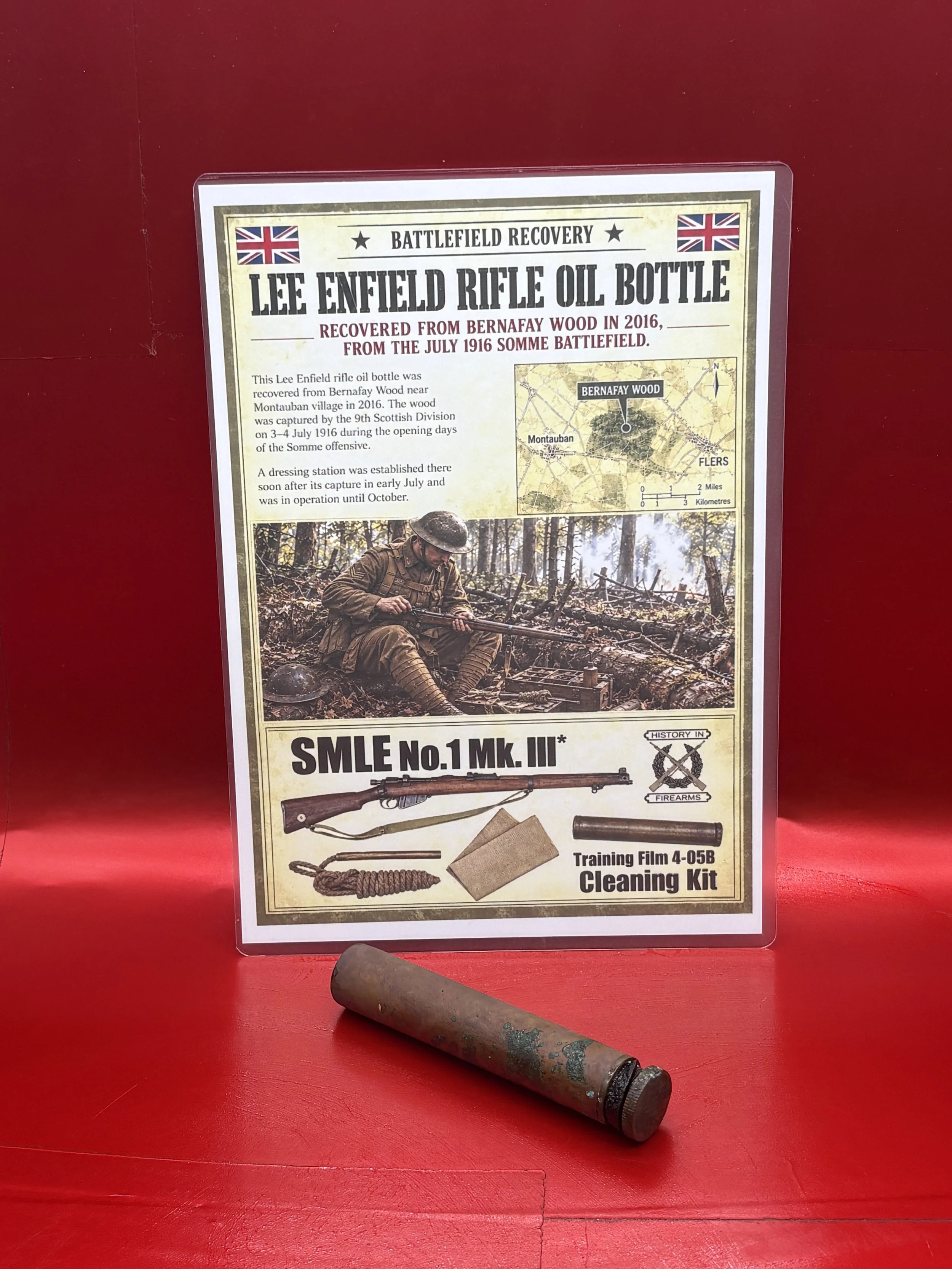 British lee enfield rifle oil bottle {nice relic condition} recovered from Bernafay wood on the July 1916 Somme battlefield.