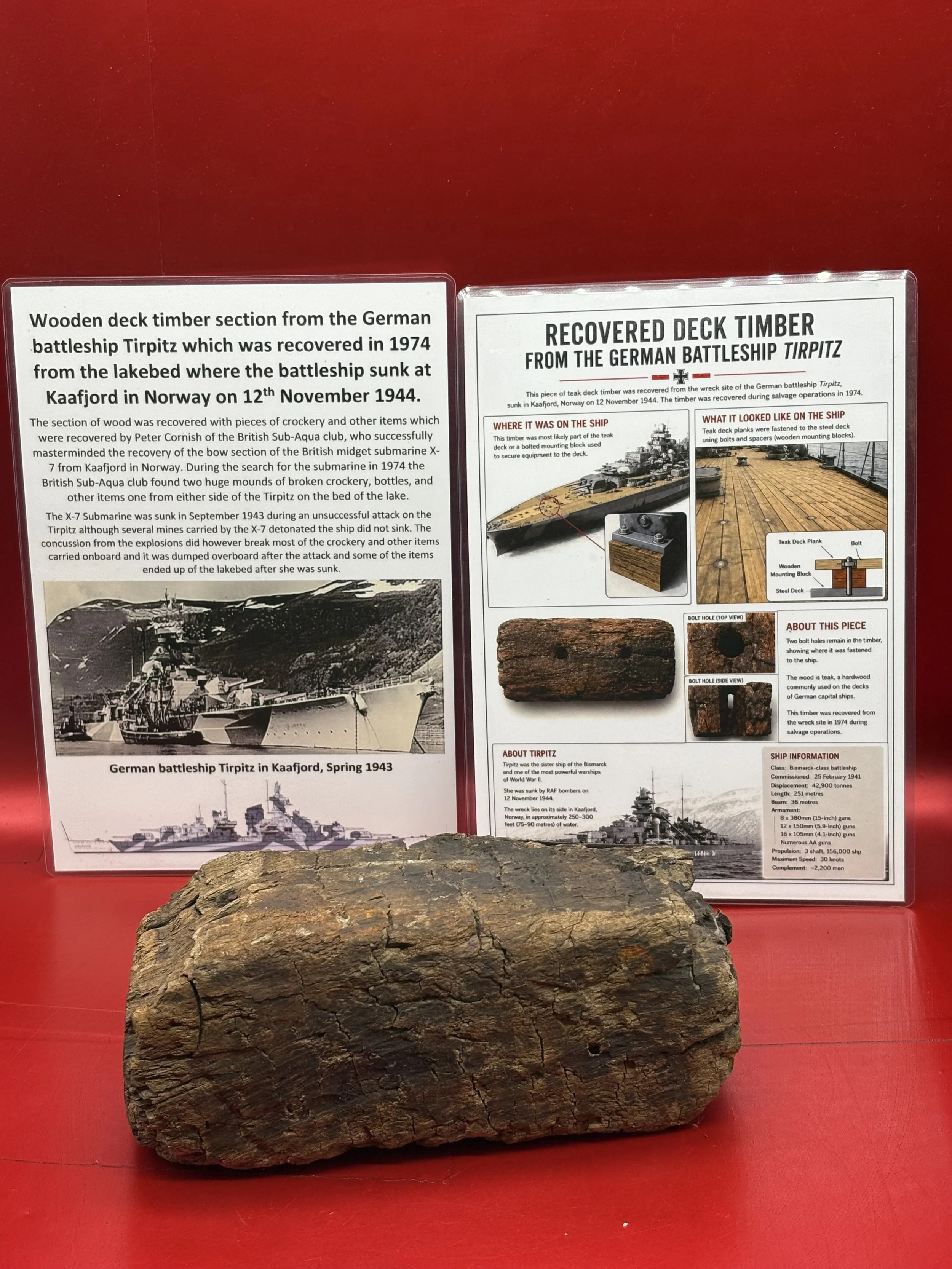 Totally rare wooden deck timber section,still solid with burn marks from the German battleship Tirpitz, recovered in 1974 from the battleship sunk at Kaafjord in Norway on 12th November 1944.