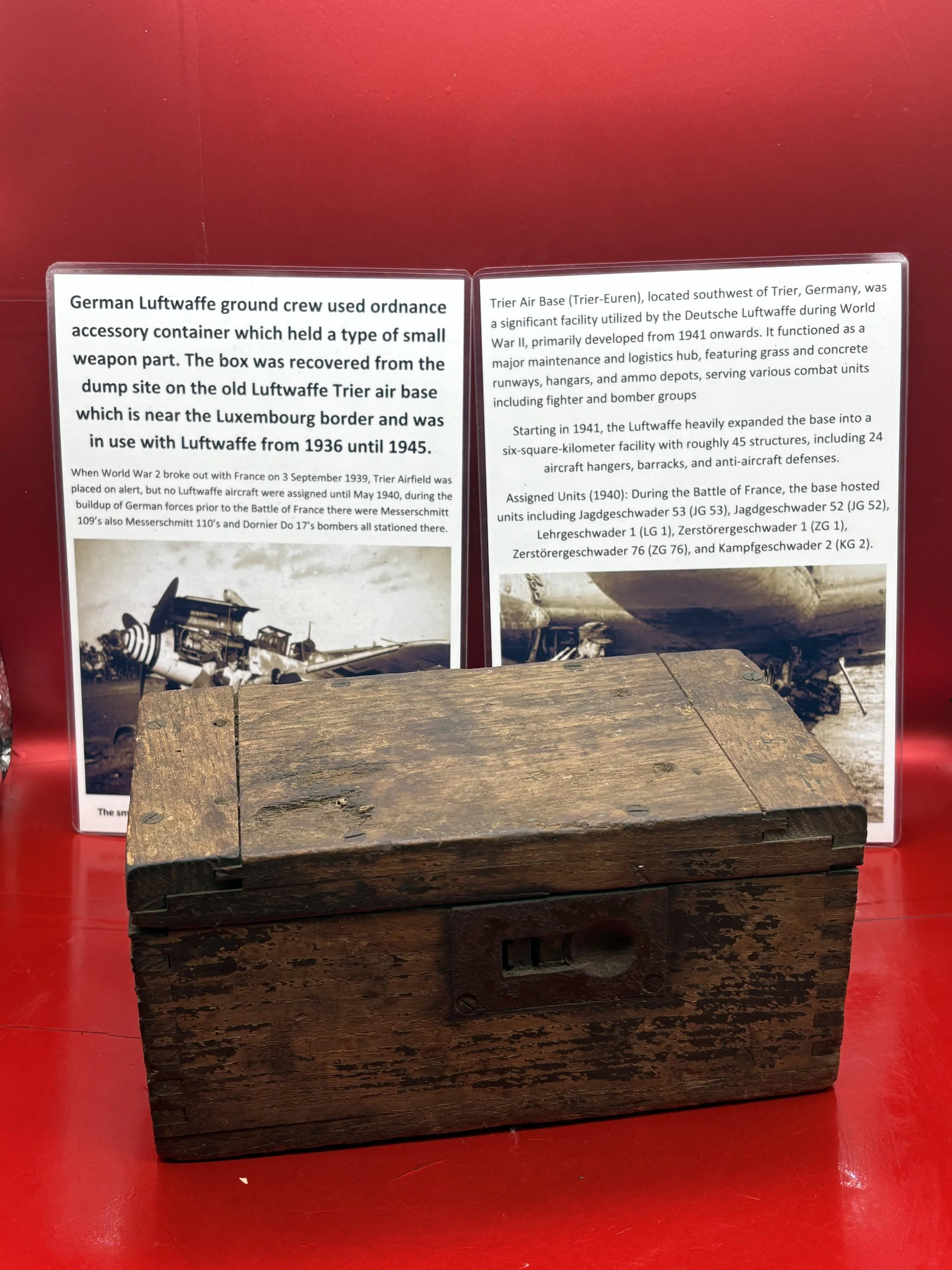 German Luftwaffe ground crew used ordnance accessory container which held a type of small weapon part recovered from the dump site on the old Luftwaffe Trier air base in Germany