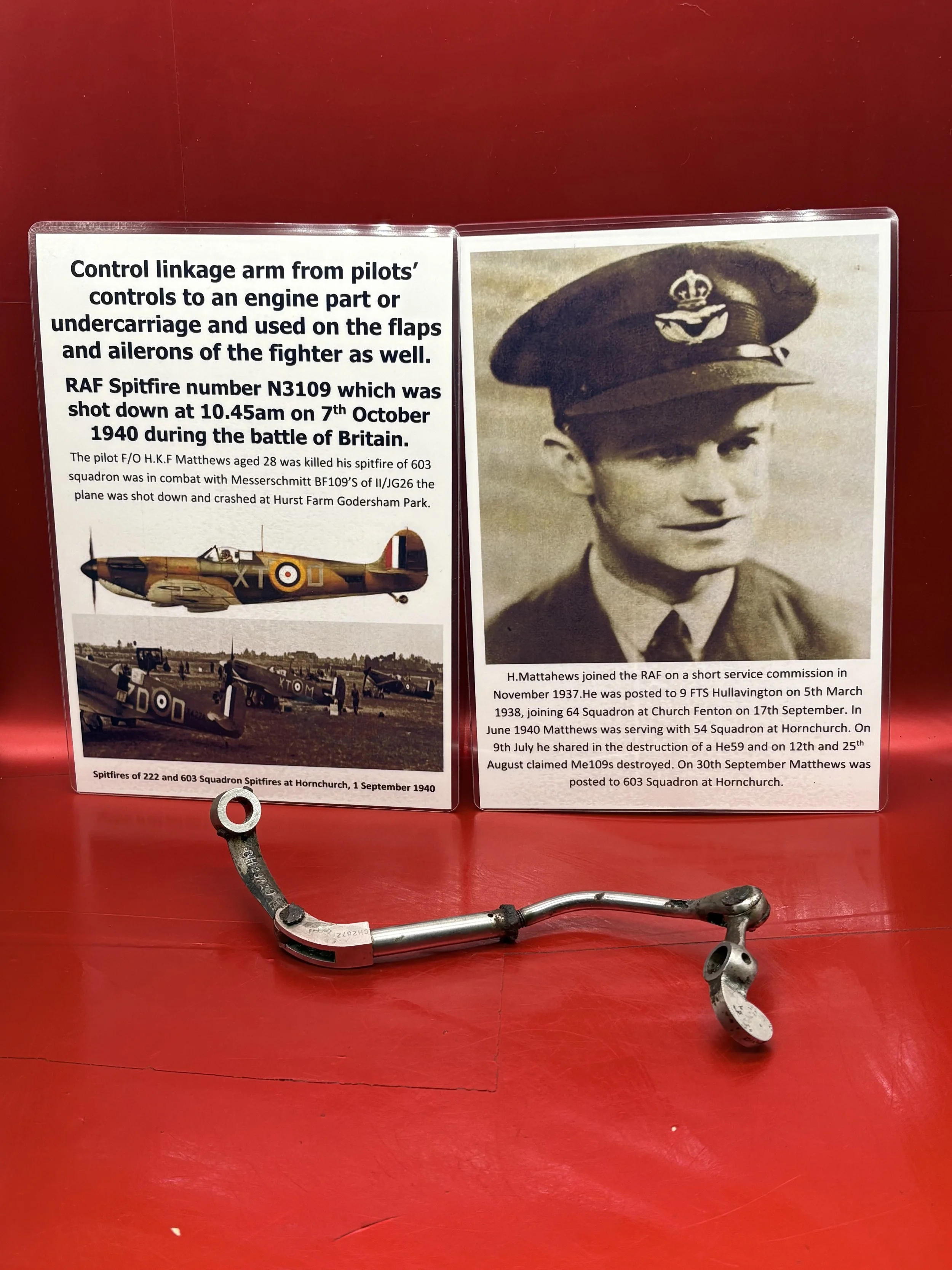 Control linkage arm from pilots controls to the engine/undercarriage/flaps,lovely condition + markings from RAF Spitfire number N3109,shot down on 7th October 1940 during the battle of Britain.