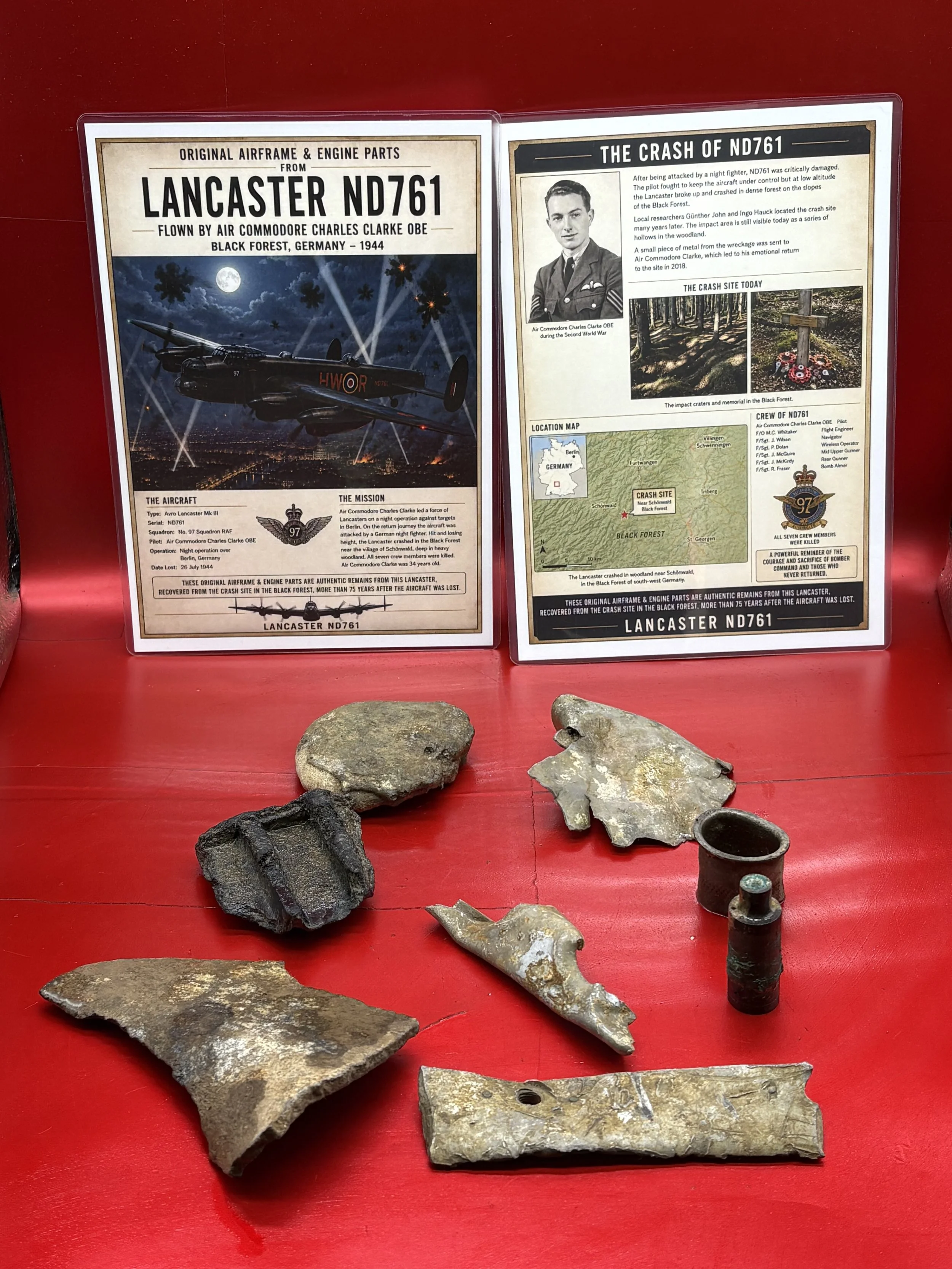 Large group of airframe and engine parts from RAF Lancaster bomber ND761 in the crew air commodore Clarke shot down by night fighter on 25 February 1944,crashed in Black Forest