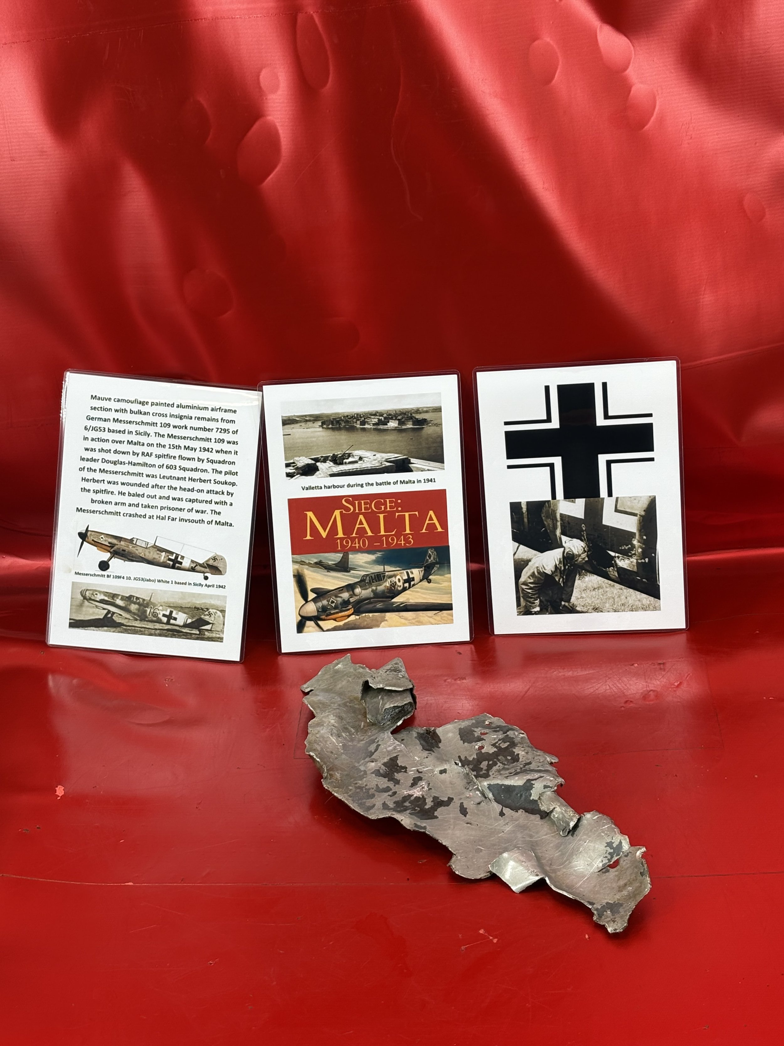 Very rare mauve camouflage paintwork with black bulkan cross insignia remains airframe section from Messerschmitt 109 work number 7295 of 6/JG53 shot down over Malta on the 15th May 1942