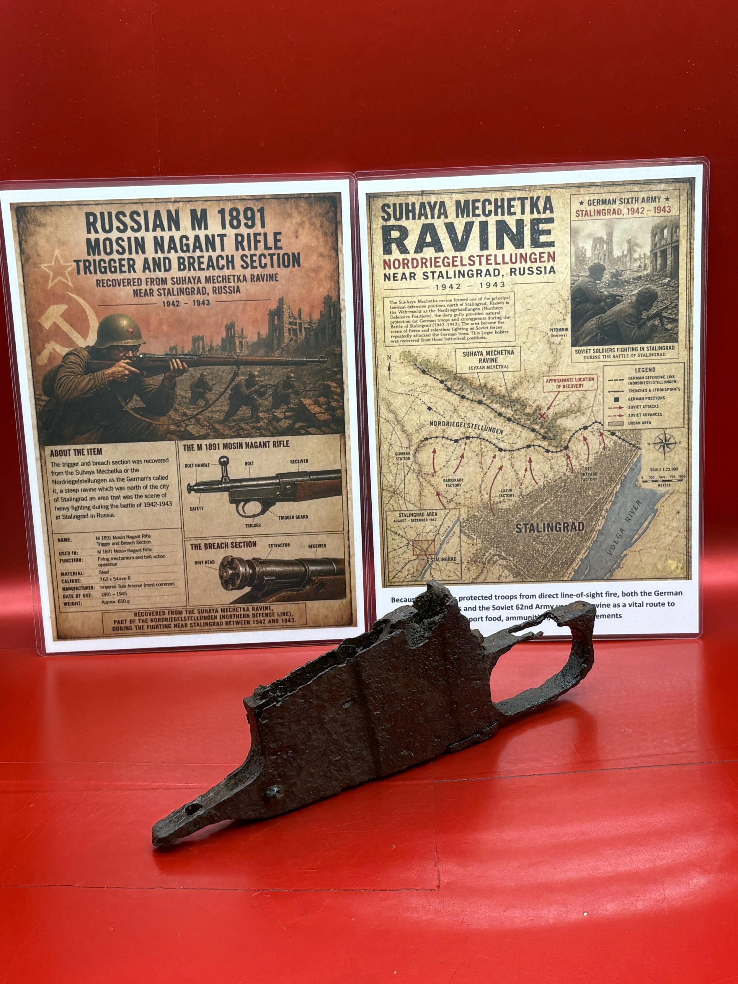 Russian M1891 Mosin Nagant rifle trigger and magazine part that was recovered from Suhaya Mechetka Ravine in Stalingrad which was heavily fought over during battle in the Russian City of 1942-1943