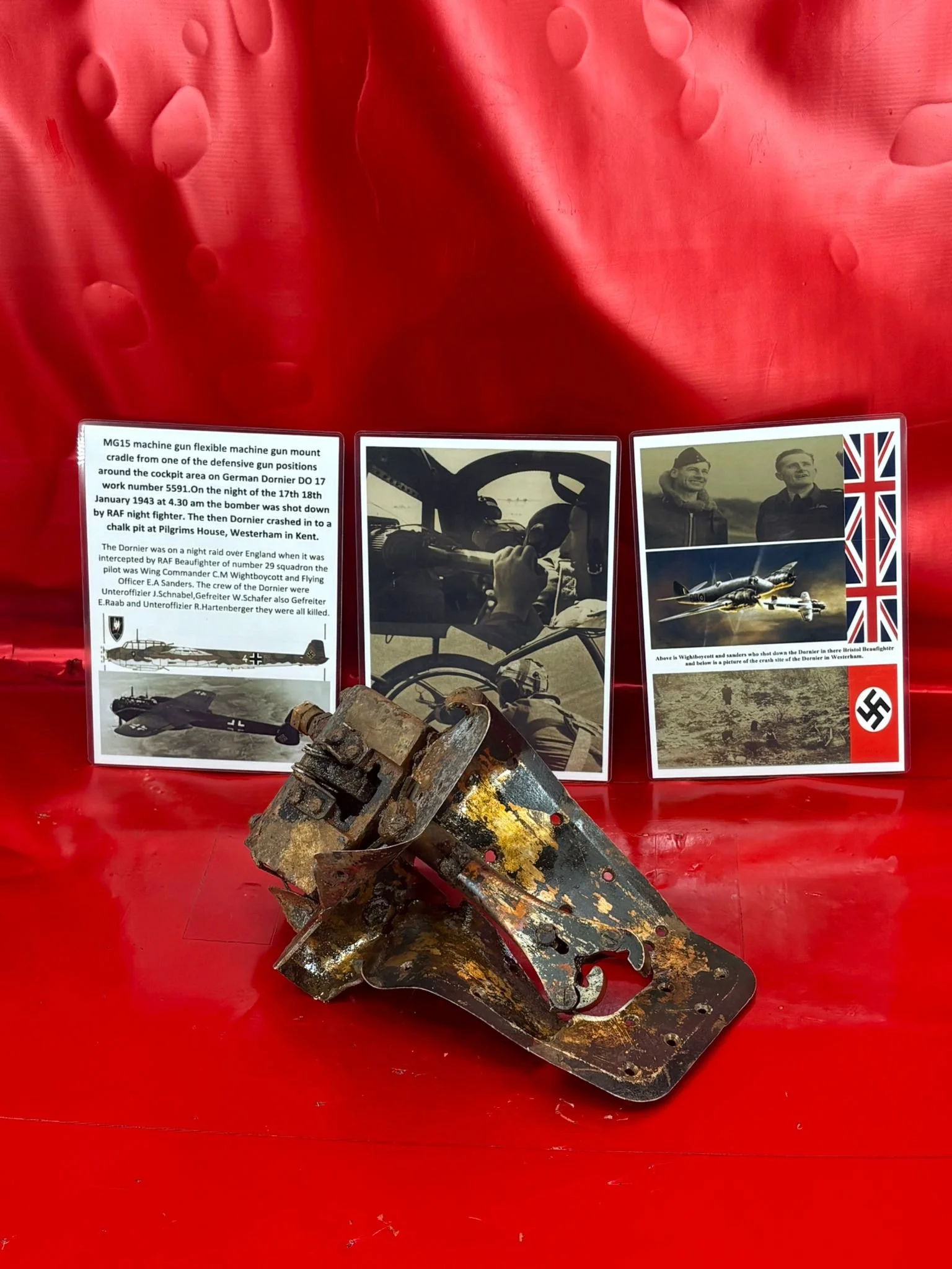 Very rare German MG15 flexible machine gun mount cradle from cockpit of German Dornier DO 217 bomber work number 5591 on the night of the 17th- 18th January 1943 which crashed at Westerham in Kent.
