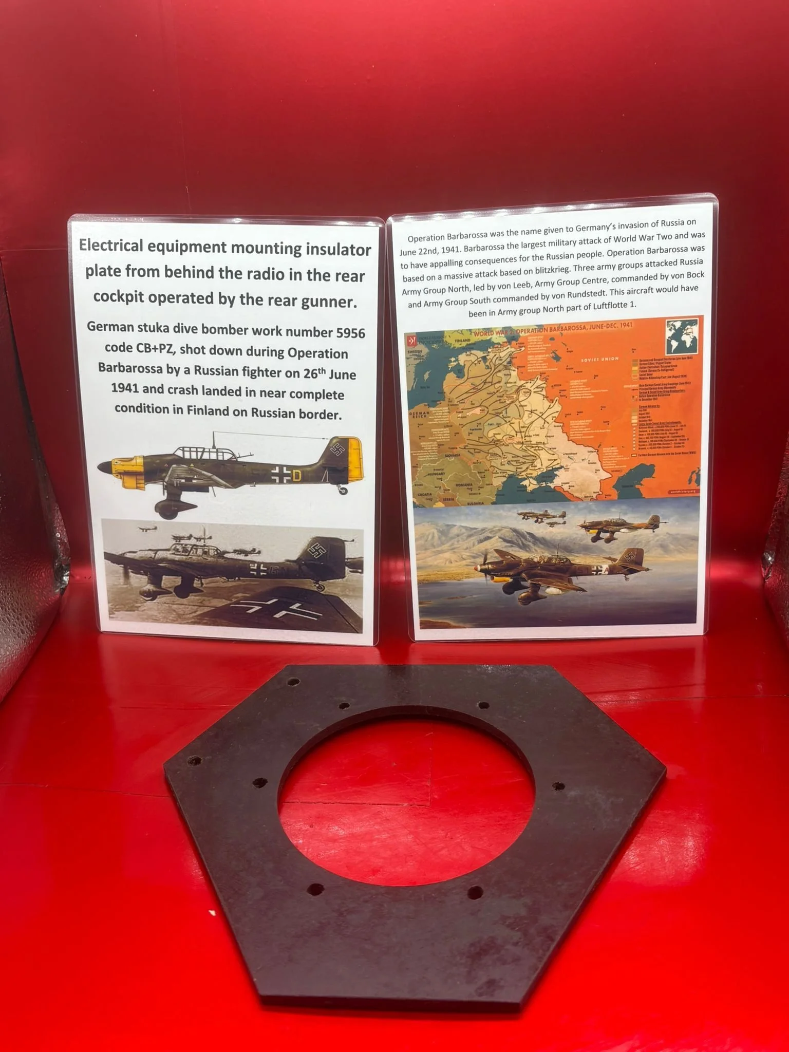 Electrical equipment mounting insulator plate from behind the radio in the rear cockpit operated by the rear gunner in German stuka dive bomber number 5956 crashed landed 26th June 1941 in Finland