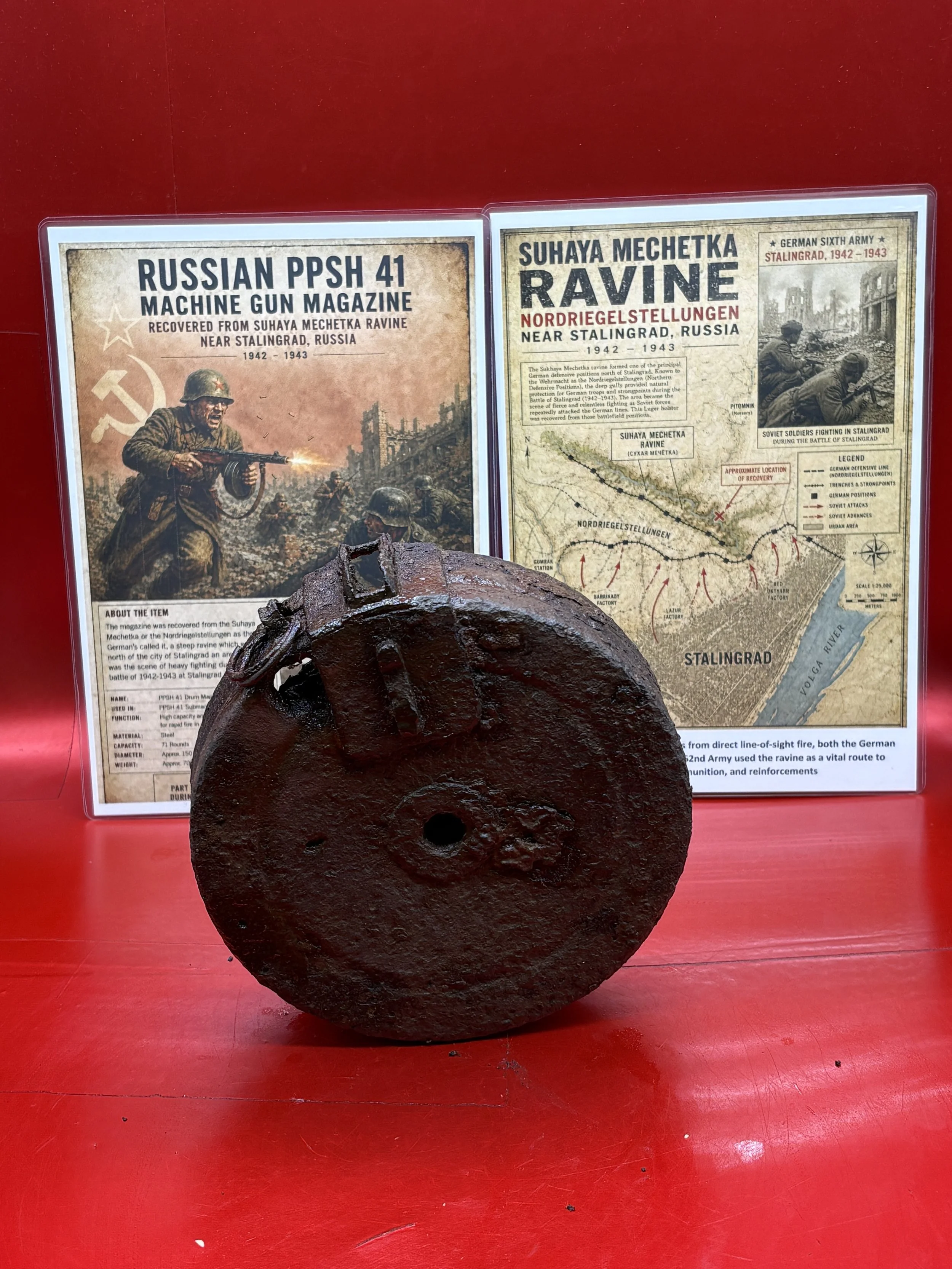 Russian PPSH41 machine gun magazine [nice relic] that was recovered from Suhaya Mechetka Ravine in Stalingrad which was heavily fought over during battle in the Russian City of 1942-1943