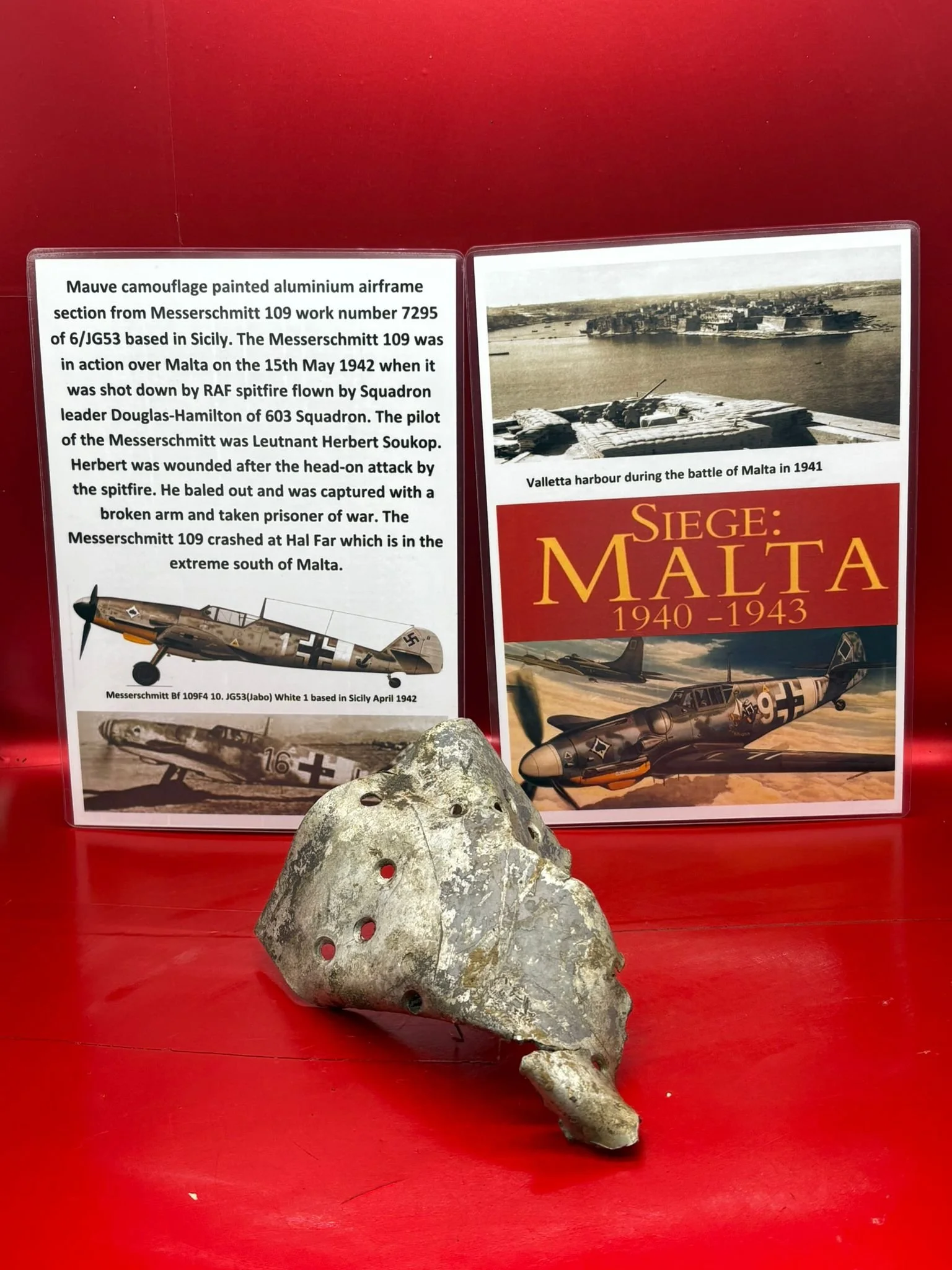 Mauve/gray camouflage paintwork airframe section from a Messerschmitt 109 work number 7295 of 6/JG53 shot down over Malta on the 15th May 1942