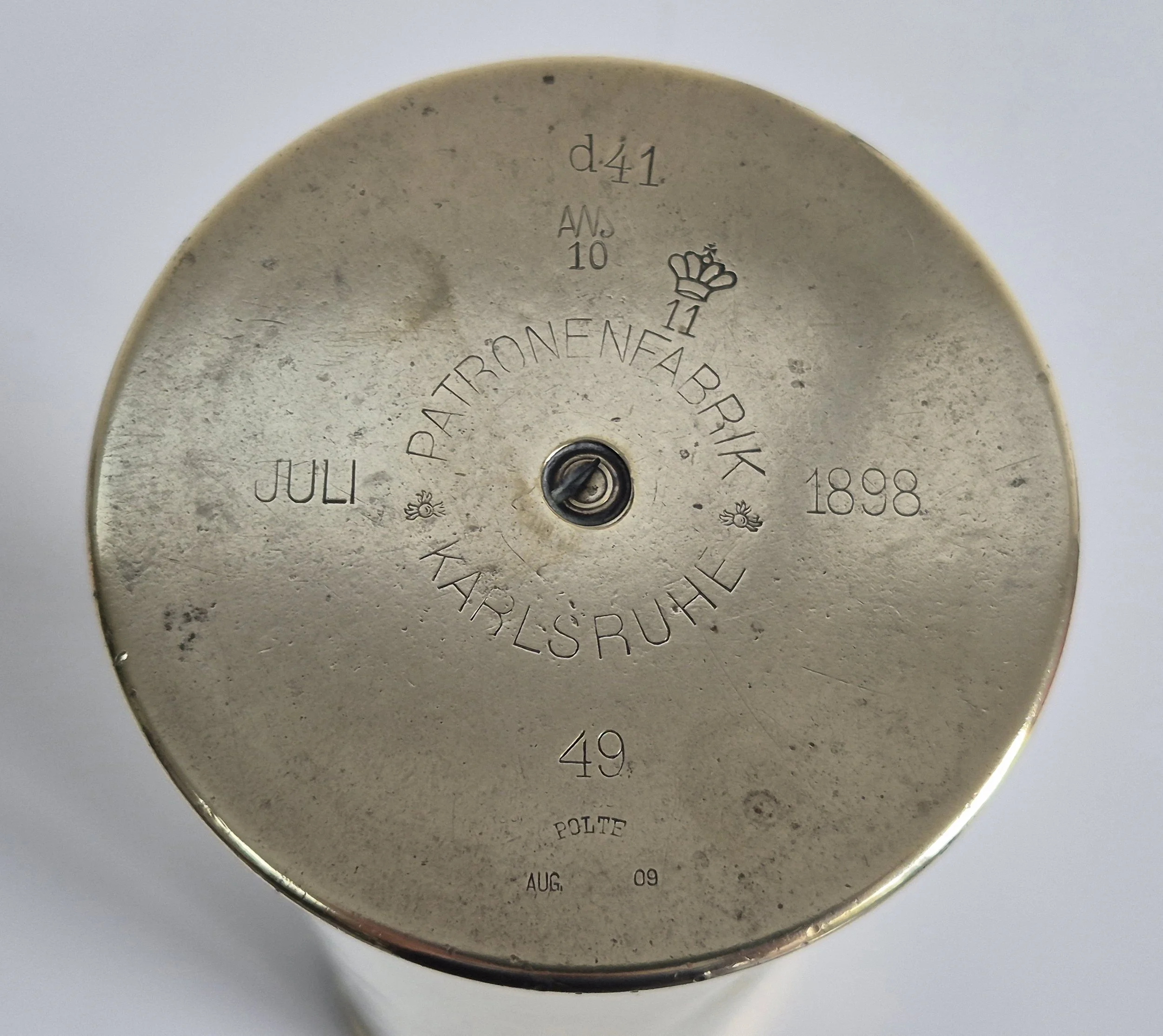 Rare German pre WW1 (1898 dated)  brass case for the 7.7cm FK 96 a.A. field gun. Lightweight model case from before the strengthening modification of around 1905