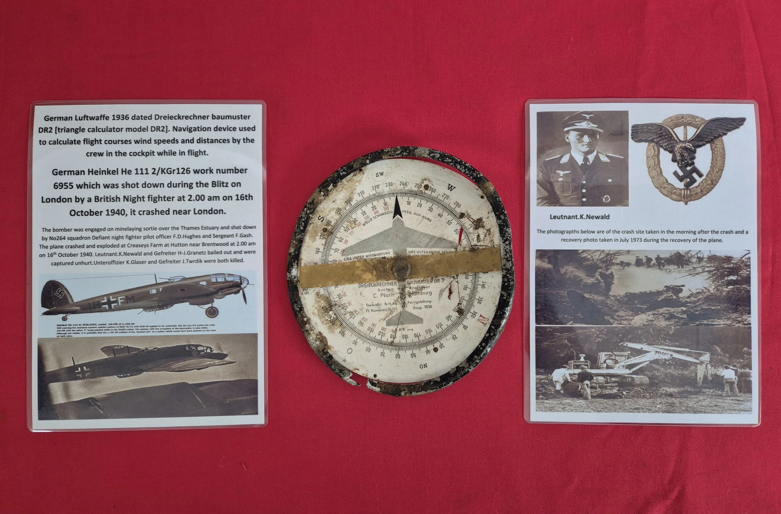 German Luftwaffe 1936 dated Dreieckrechner baumuster DR2 navigation device from Heinkel He111 shot down by night fighter 16th Oct.1940, during Blitz on London. Crashed Hutton near Brentwood