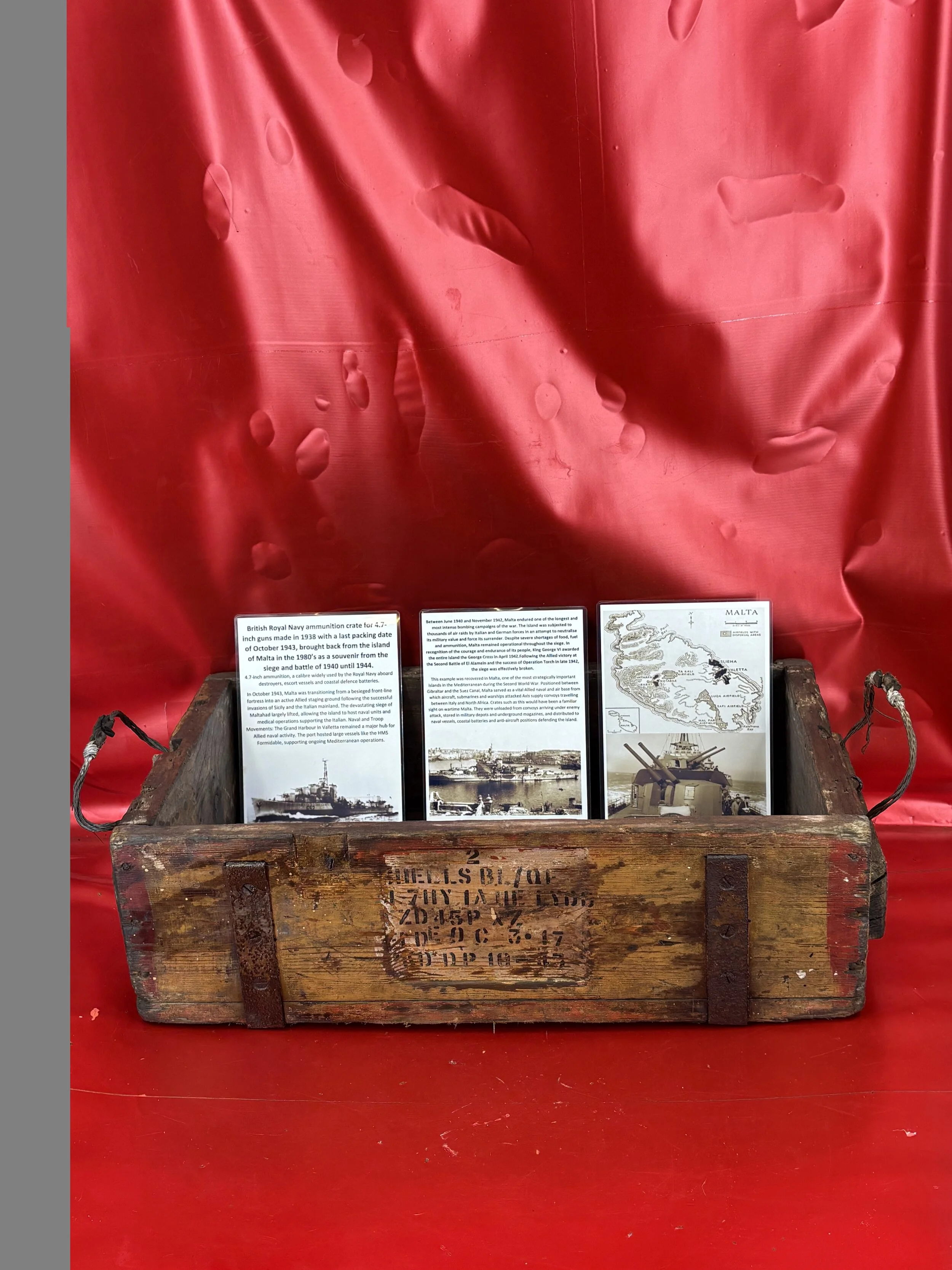 Very rare British Royal Navy ammunition crate for 4.7-inch guns made in 1938 with a last packing date of October 1943, brought back from the island of Malta in the 1980’s as a souvenir from the battle
