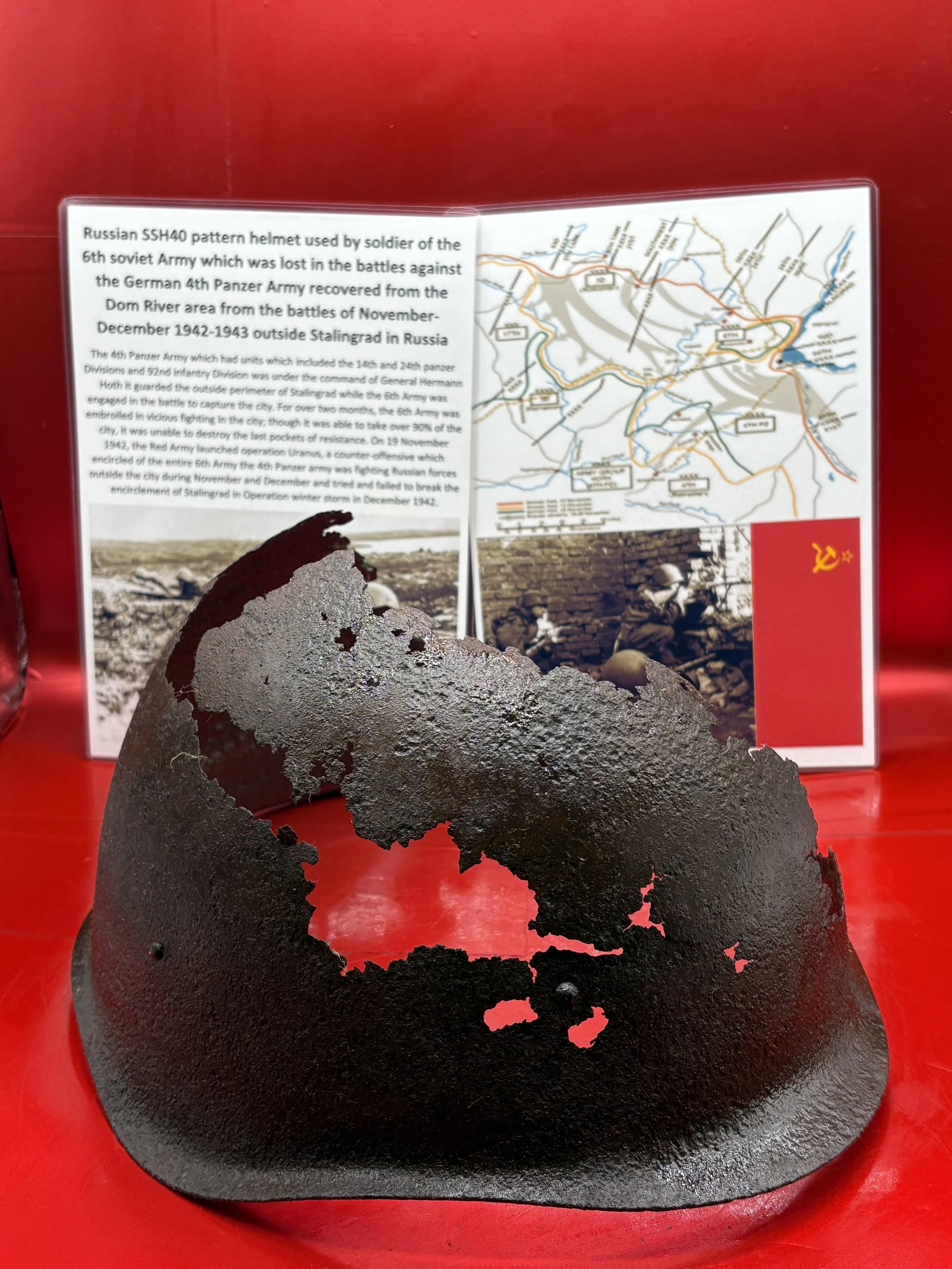 Very relic Russian SSH40 pattern helmet used by soldier in 6th soviet Army,lost in the battles against the German 4th Panzer Army recovered from Dom River area from the battle of Stalingrad 1942-43