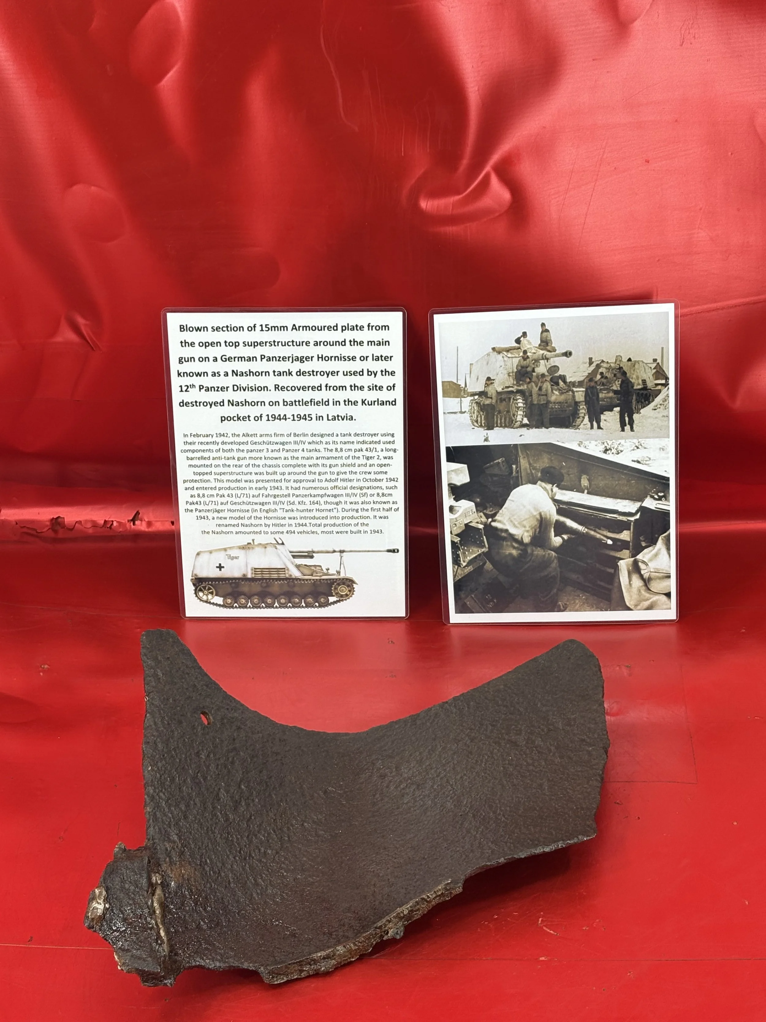 Blown section of 15mm armoured plate from the open top superstructure around the main gun, recovered from the site of destroyed Nashorn on battlefield in the Kurland pocket