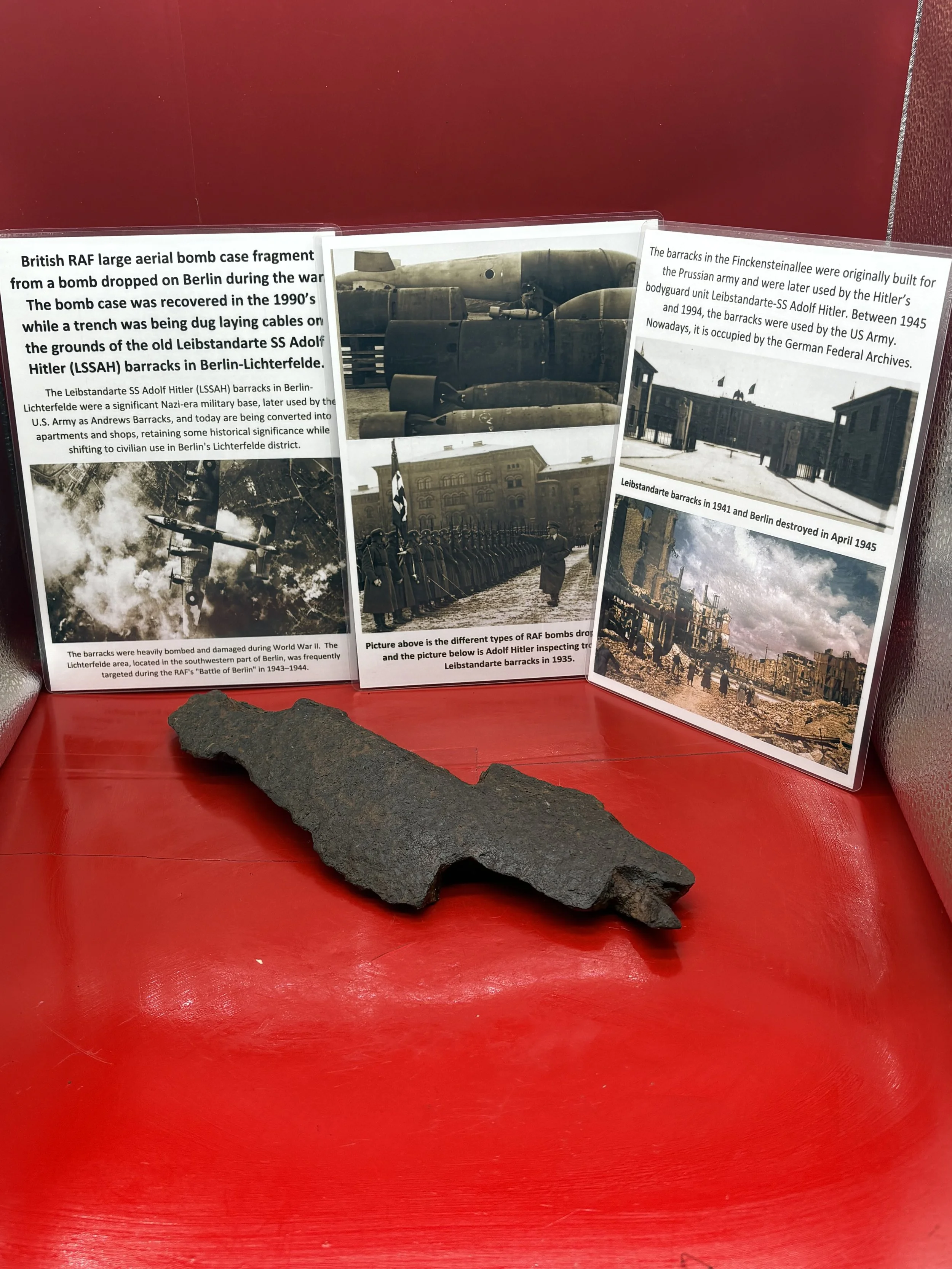 British RAF large aerial bomb case fragment recovered in the 1990’s while a trench was being dug on the grounds of the old Leibstandarte SS Adolf Hitler (LSSAH) barracks in Berlin