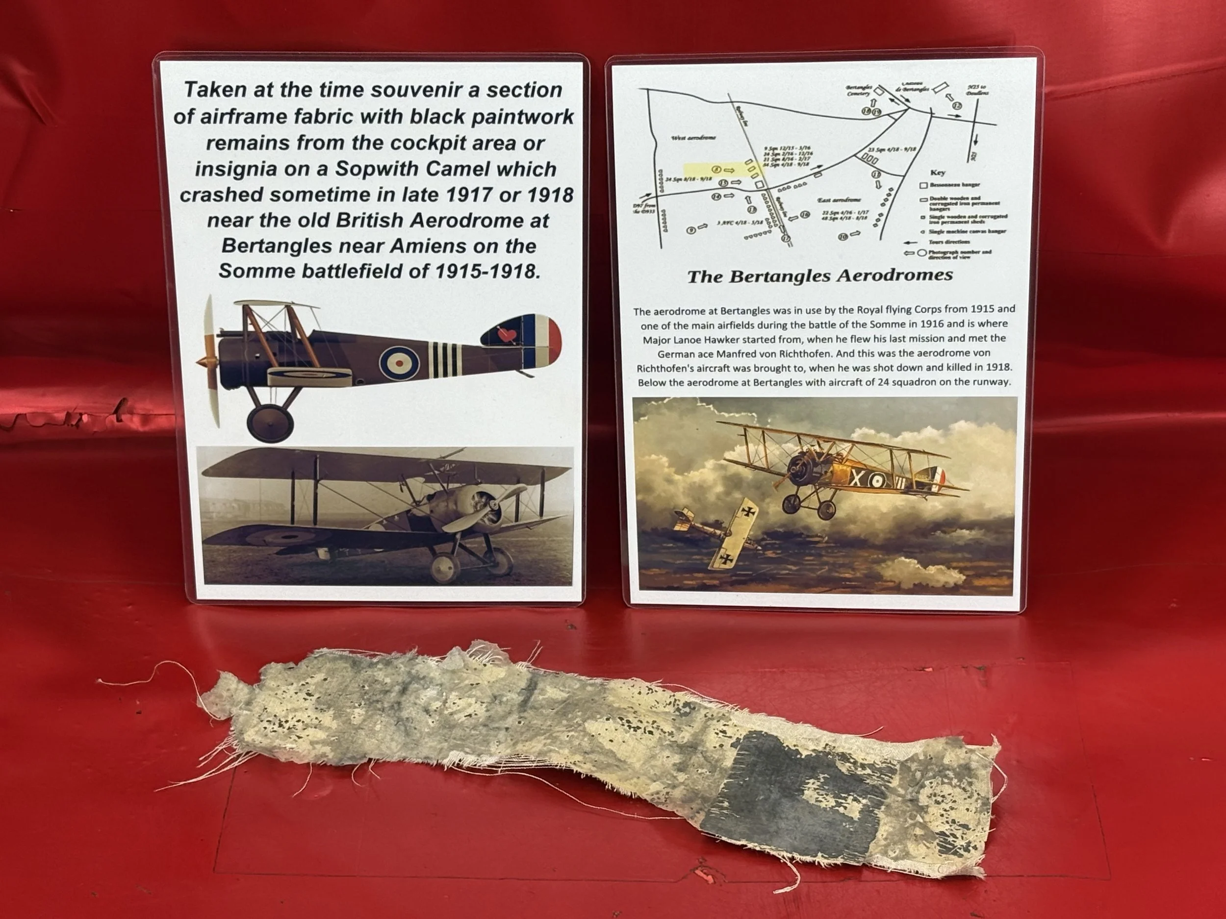 Totally rare taken at the time souvenir a section of airframe fabric with lots of black paintwork remains from the cockpit area or insignia on a Sopwith Camel,crashed on the Somme battlefield 1917-18