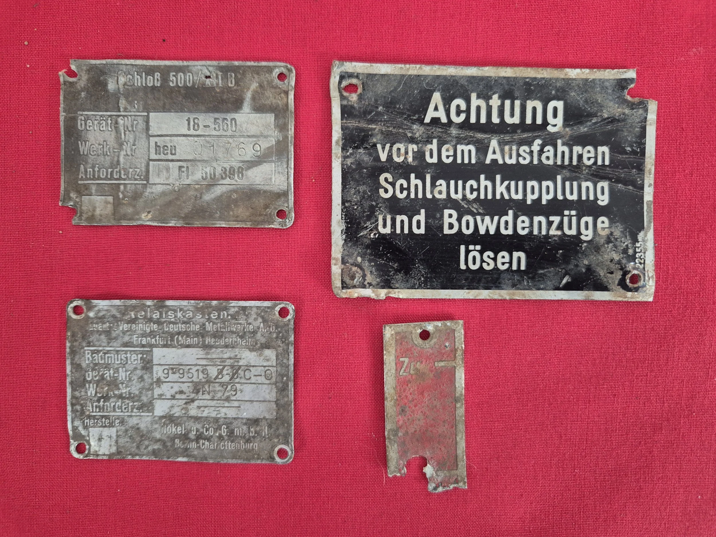 Group of maker plates / labels from Junkers JU88 / Me 109 Mistel of KG66. Crashed in woods outside Hothfield near Ashford ,Kent 1st September 1944