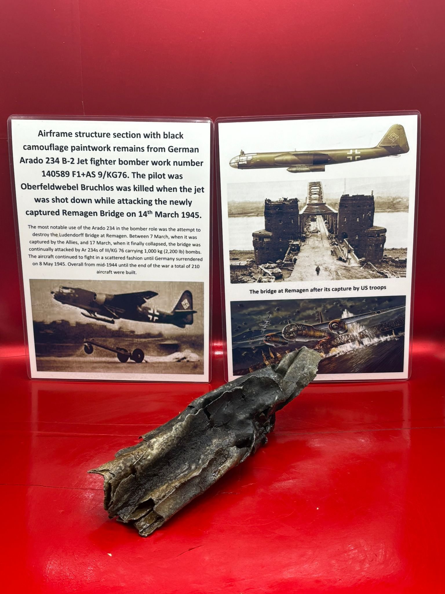 Aluminium airframe section with black paintwork remains from German Arado 234 B-2 Jet fighter bomber work number 140589 F1+AS 9/KG76, shot down attacking the Remagen Bridge on the 14th March 1945