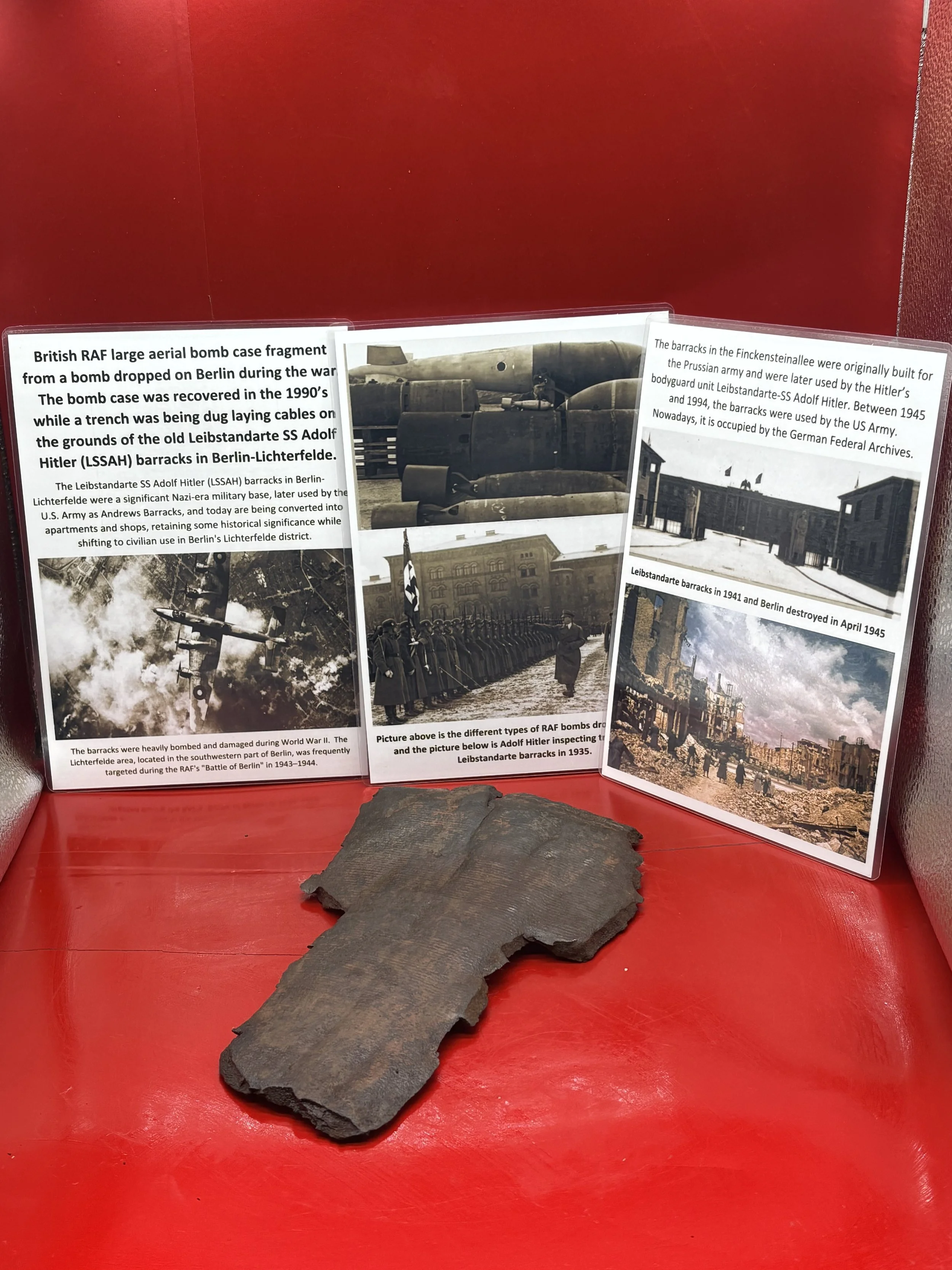 British RAF very large aerial bomb case fragment+paintwork,weld recovered in the 1990’s while a trench was being dug on the grounds of the old Leibstandarte SS Adolf Hitler (LSSAH) barracks in Berlin