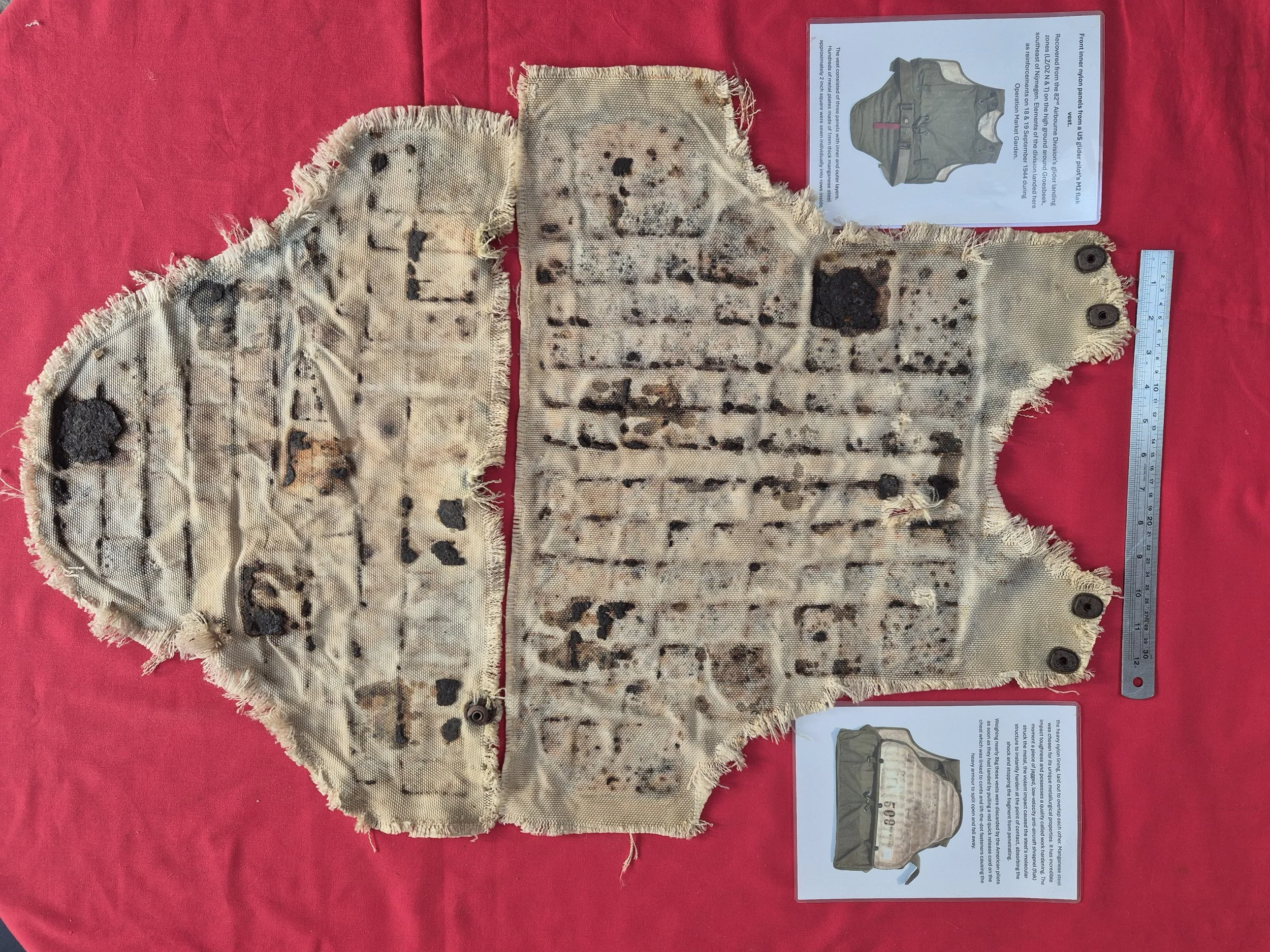 Front inner nylon panels from a US glider pilot’s M2 flak vest. Recovered from landing ground around Groesbeek SE of Nijmegen. Operation Market Garden