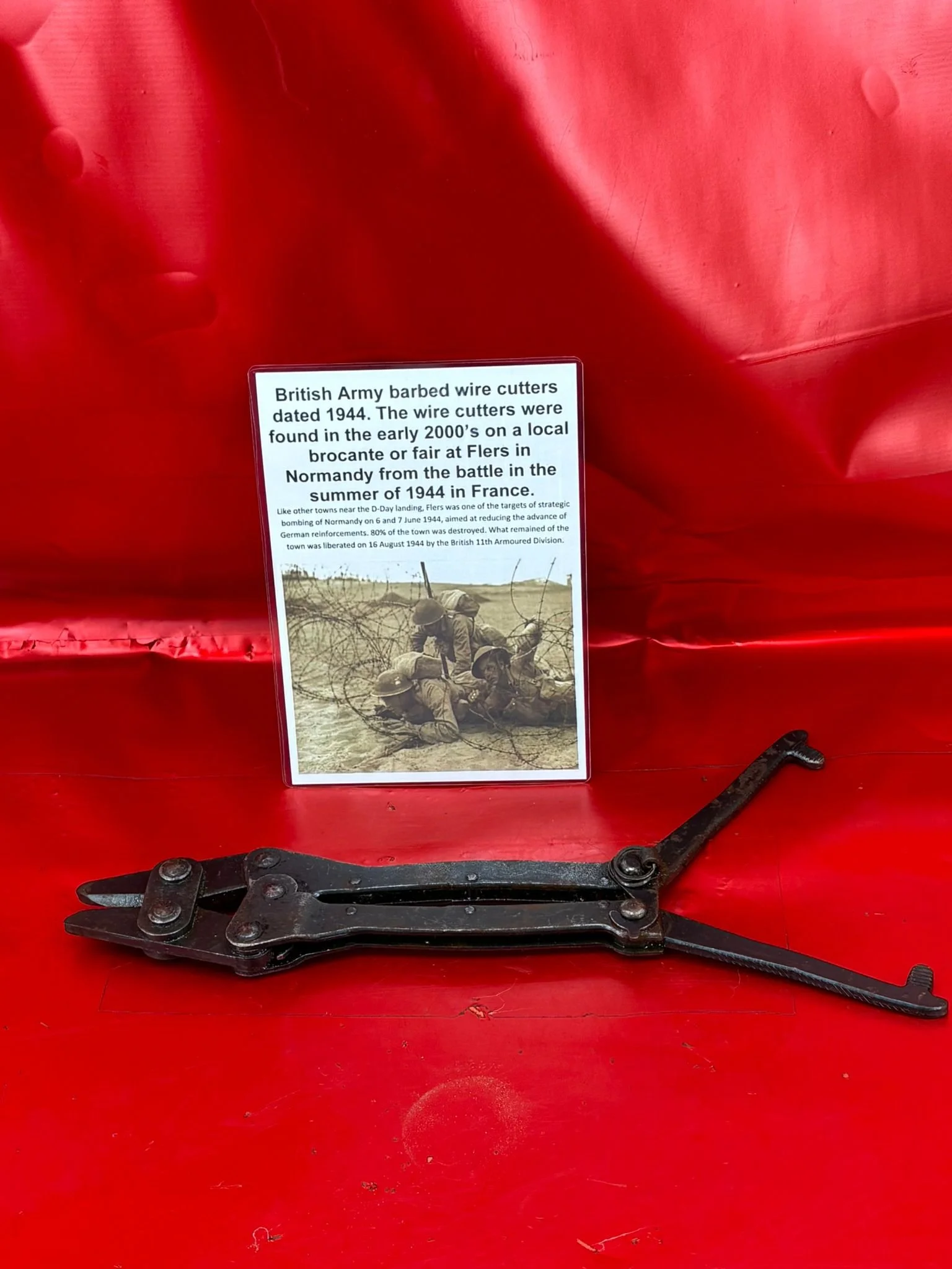 British soldiers lovely condition barbed wire cutters dated 1944 found in the early 2000’s on a local brocante or fair at Flers in Normandy from the battle in the summer of 1944 in France.