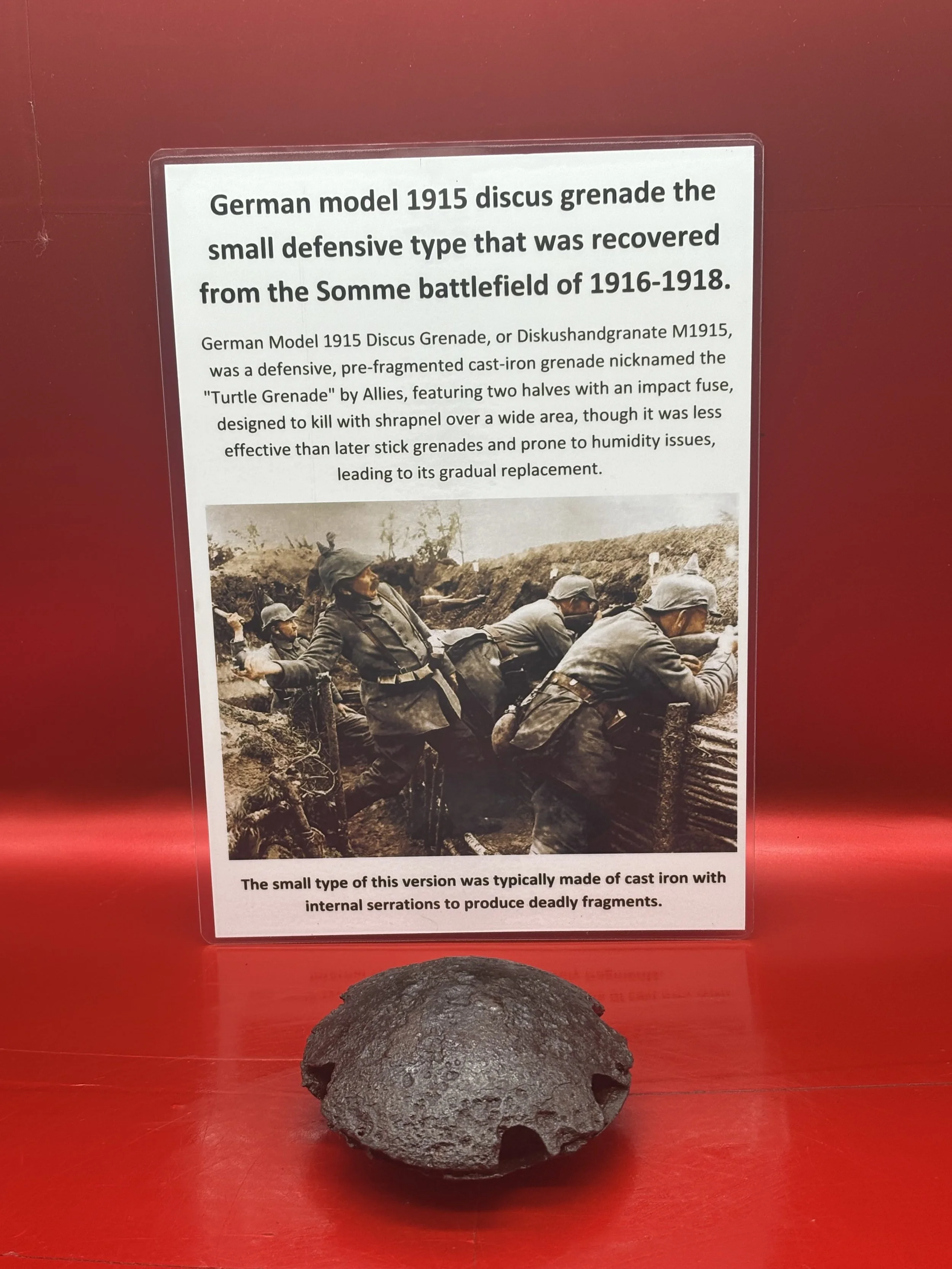 Very rare German model 1915 discus grenade the small defensive type that was recovered from the Somme battlefield of 1916-1918