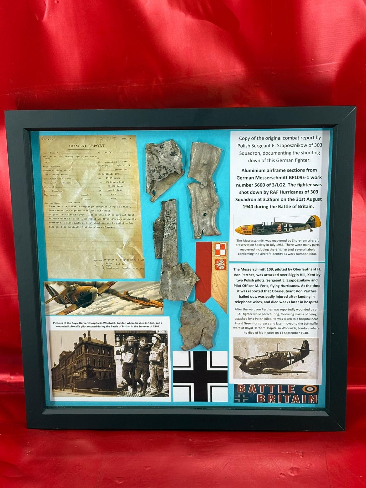 Rare large glass framed combat report with airframe sections all relating to German Messerschmitt BF109E-1,number 5600 of 3/LG2, shot down by 303 squadron Hurricanes 31st August 1940,battle of Britain